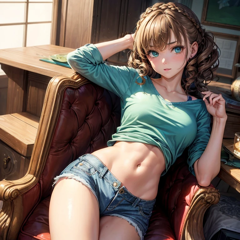 (masterpiece:1.2, best quality), (exquisite eyes: 1.2), ((1girl)), ((solo)), brunette, small breasts, slim, toned, denim shorts, medium length hair, curly hair, green eyes, French braid, shirt open, ((nsfw))