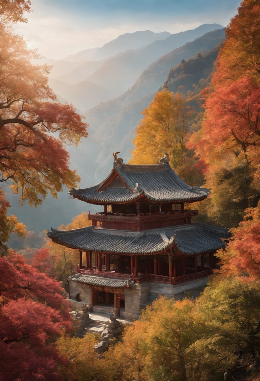 A serene mountain range covered in vibrant autumn foliage is captured in a high-angle shot. The focal point of the image is a traditional ancient Chinese architectural structure nestled among the mountains. The scene is beautifully illuminated by soft, warm light, creating a stunning play of shadows and highlights. The gradient of the sky transitions from the vibrant colors of a sunset, evoking a sense of tranquility. The overall composition is reminiscent of a floating world painting, with its delicate and dream-like quality. The image is of the highest quality, featuring ultra-detailed elements and a sharp focus. The lighting is expertly designed, giving the scenery a cinematic feel. The faces of the characters in the scene are extremely detailed, with emphasis on their eyes, nose, and lips. The use of chiaroscuro further enhances the depth and dimension of their features. The colors in the image are soft and refreshing, creating a harmonious and visually pleasing atmosphere. The visual effects of the light are breathtaking, adding another layer of beauty to the scene. The prompt encompasses the beauty of ancient Chinese landscapes, film lighting techniques, and the masterful use of light and shadows. The image is in UHD resolution, showcasing the intricate details and exquisite craftsmanship.