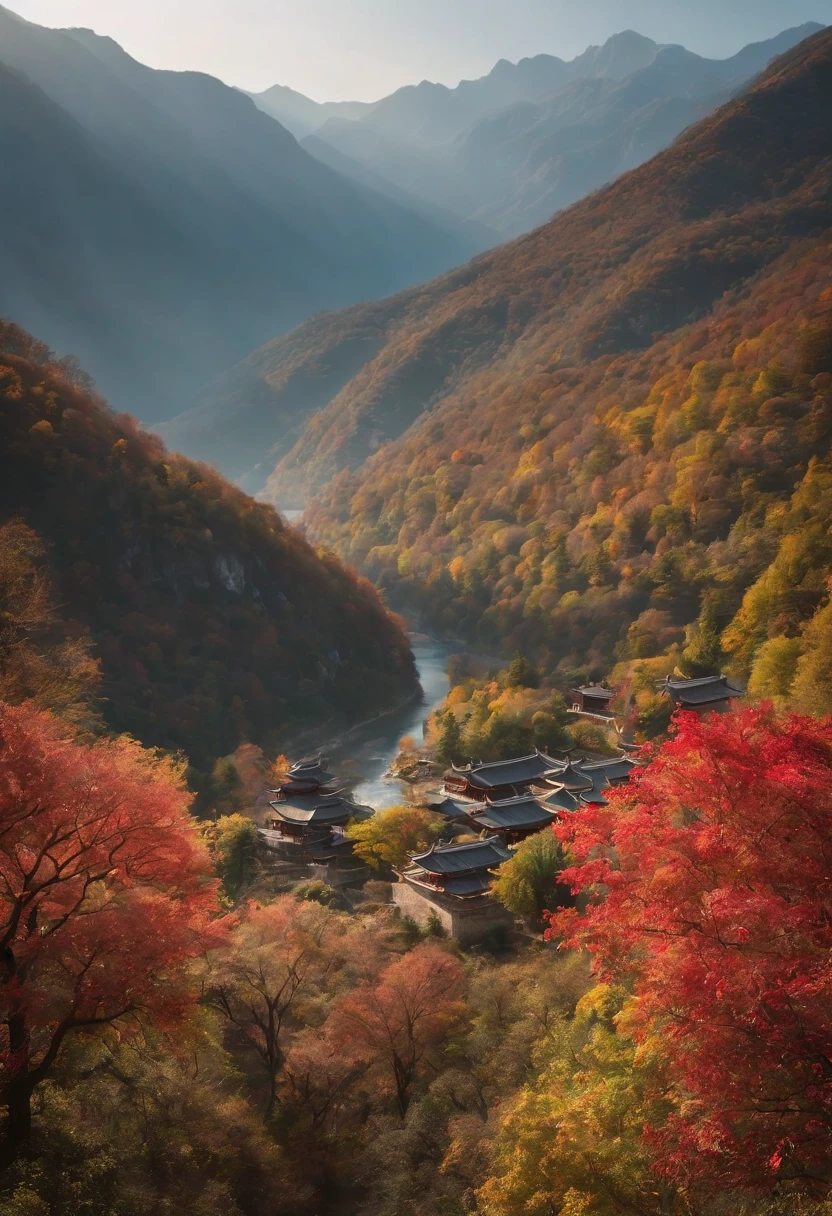 A serene mountain range covered in vibrant autumn foliage is captured in a high-angle shot. The focal point of the image is a traditional ancient Chinese architectural structure nestled among the mountains. The scene is beautifully illuminated by soft, warm light, creating a stunning play of shadows and highlights. The gradient of the sky transitions from the vibrant colors of a sunset, evoking a sense of tranquility. The overall composition is reminiscent of a floating world painting, with its delicate and dream-like quality. The image is of the highest quality, featuring ultra-detailed elements and a sharp focus. The lighting is expertly designed, giving the scenery a cinematic feel. The faces of the characters in the scene are extremely detailed, with emphasis on their eyes, nose, and lips. The use of chiaroscuro further enhances the depth and dimension of their features. The colors in the image are soft and refreshing, creating a harmonious and visually pleasing atmosphere. The visual effects of the light are breathtaking, adding another layer of beauty to the scene. The prompt encompasses the beauty of ancient Chinese landscapes, film lighting techniques, and the masterful use of light and shadows. The image is in UHD resolution, showcasing the intricate details and exquisite craftsmanship.