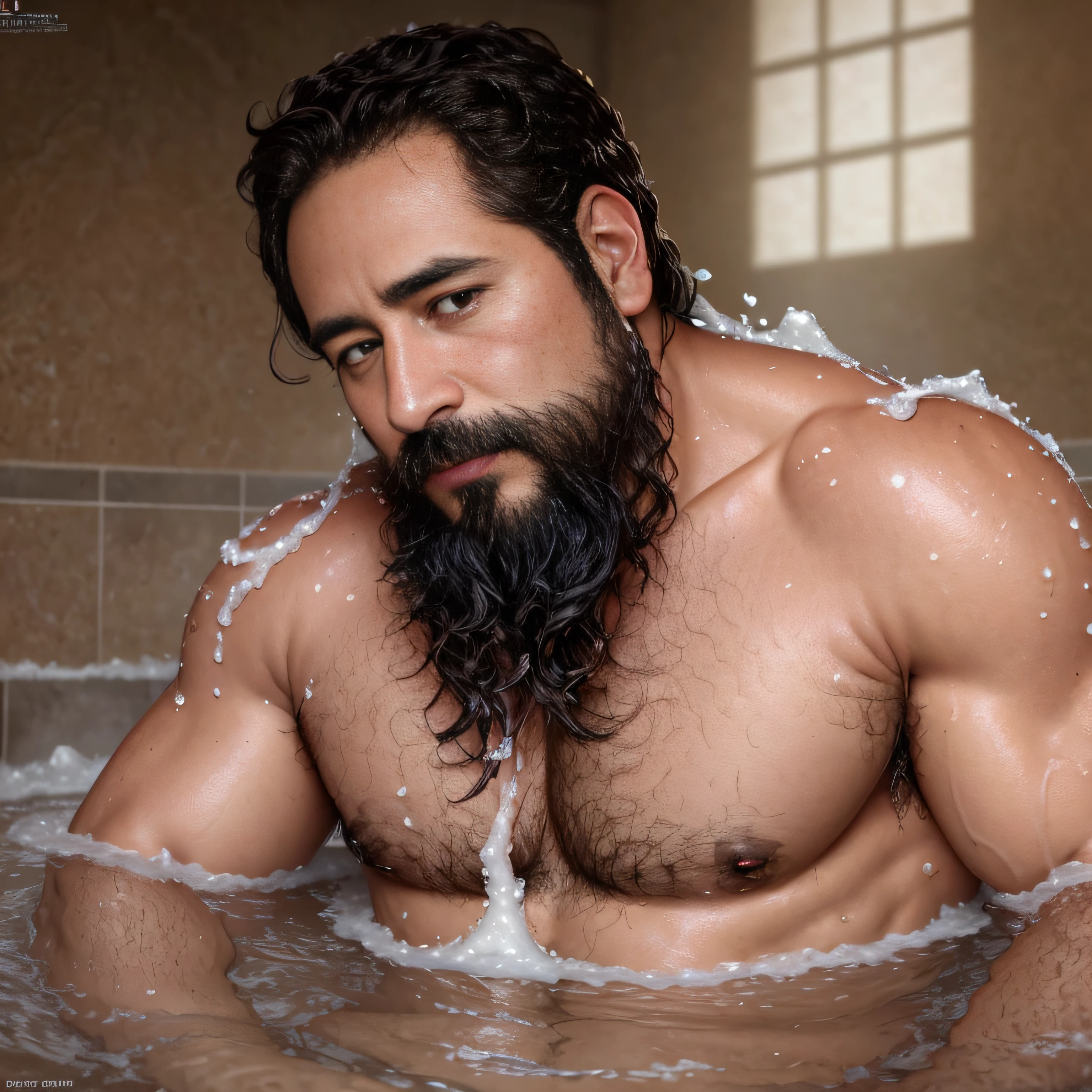 ultrahigh resolution, La mejor calidad, Foto, 4k, (fotorrealista: 1.4), cinematic lighting, a handsome 38 year old man bathing in a white sunga, barba, brown eyes