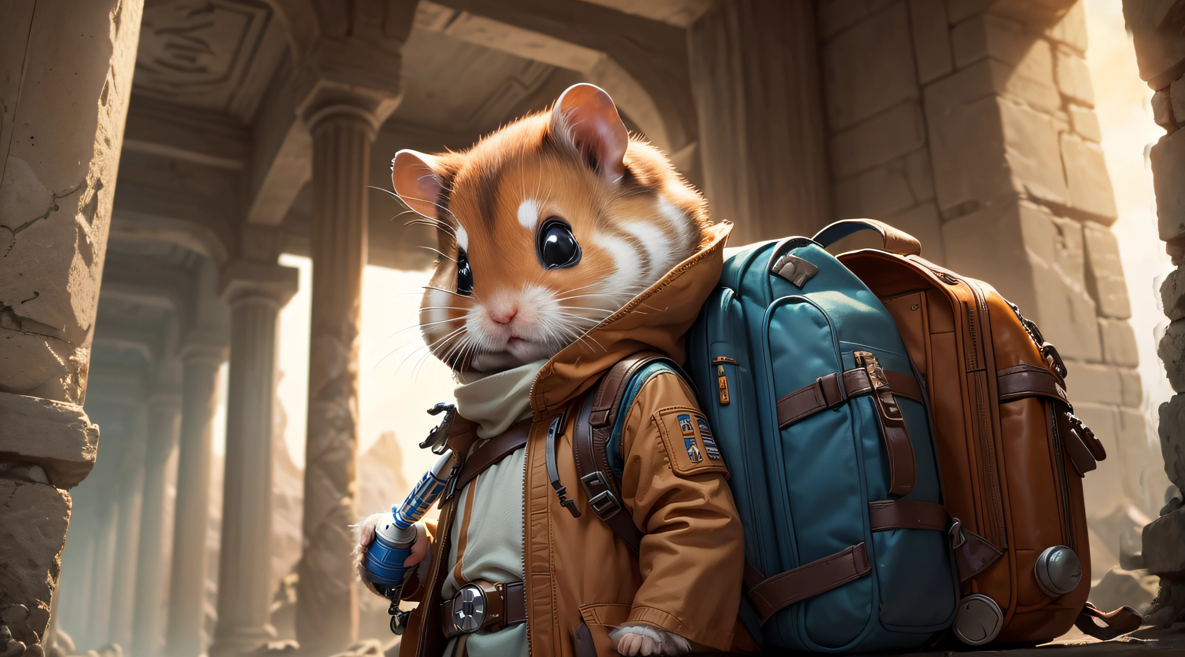 (meilleur qualité: 1.2 ultra détaillés) hamster aventurier réaliste (Hamster Jedi (vêtements jedi). sur la planète Tatooine (La Guerre des étoiles). explorez les trésors cachés dans les ruines antiques, hamster courageux et déterminé, curieux, intelligent et agile, tenant un petit sabre laser dans ses petites pattes, orné d'un petit sac à dos, Éclairage doux et naturel, créer un sentiment d'aventure et d'émerveillement, Des couleurs vives et éclatantes, avec une touche de chaleur et de nostalgie.