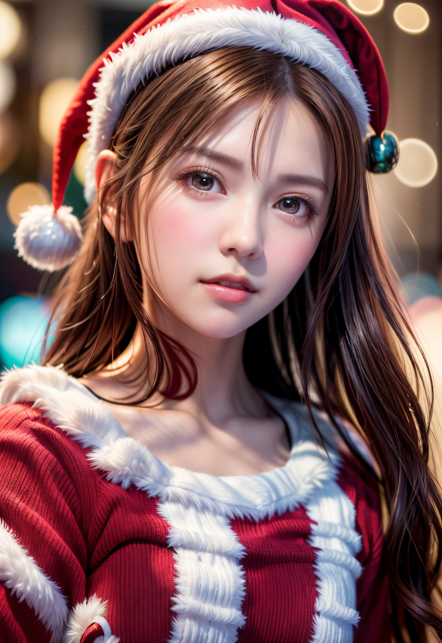 8K, of the highest quality, masutepiece:1.2), (Realistic, Photorealsitic:1.37), of the highest quality, masutepiece, Beautiful young woman, Pensive expression,、A charming、and an inviting look, cute santa clothes, Hair tied back, Cinematic background, Light skin tone