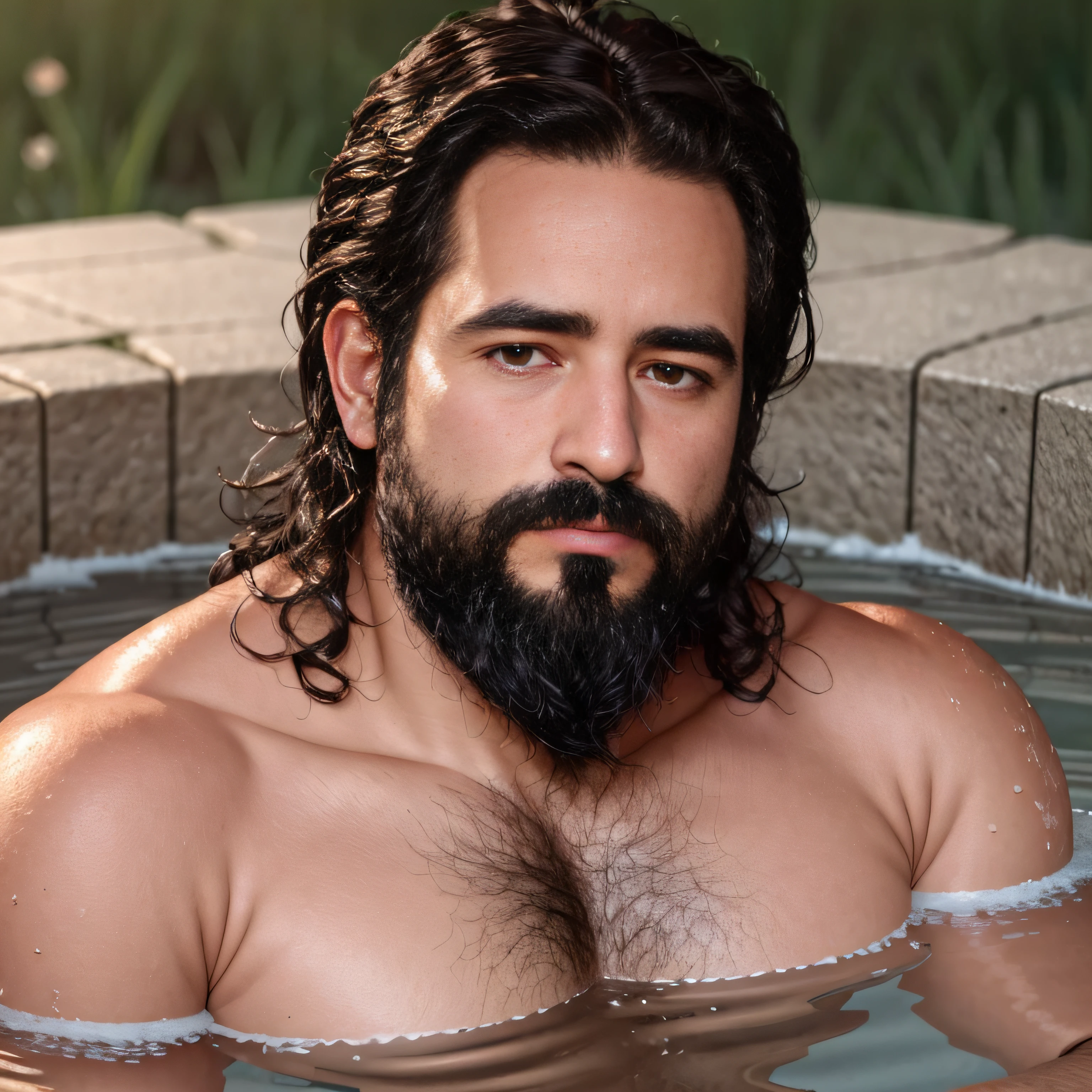 ultrahigh resolution, La mejor calidad, Foto, 4k, (fotorrealista: 1.4), cinematic lighting, a handsome 38 year old man bathing in a white sunga, barba, brown eyes