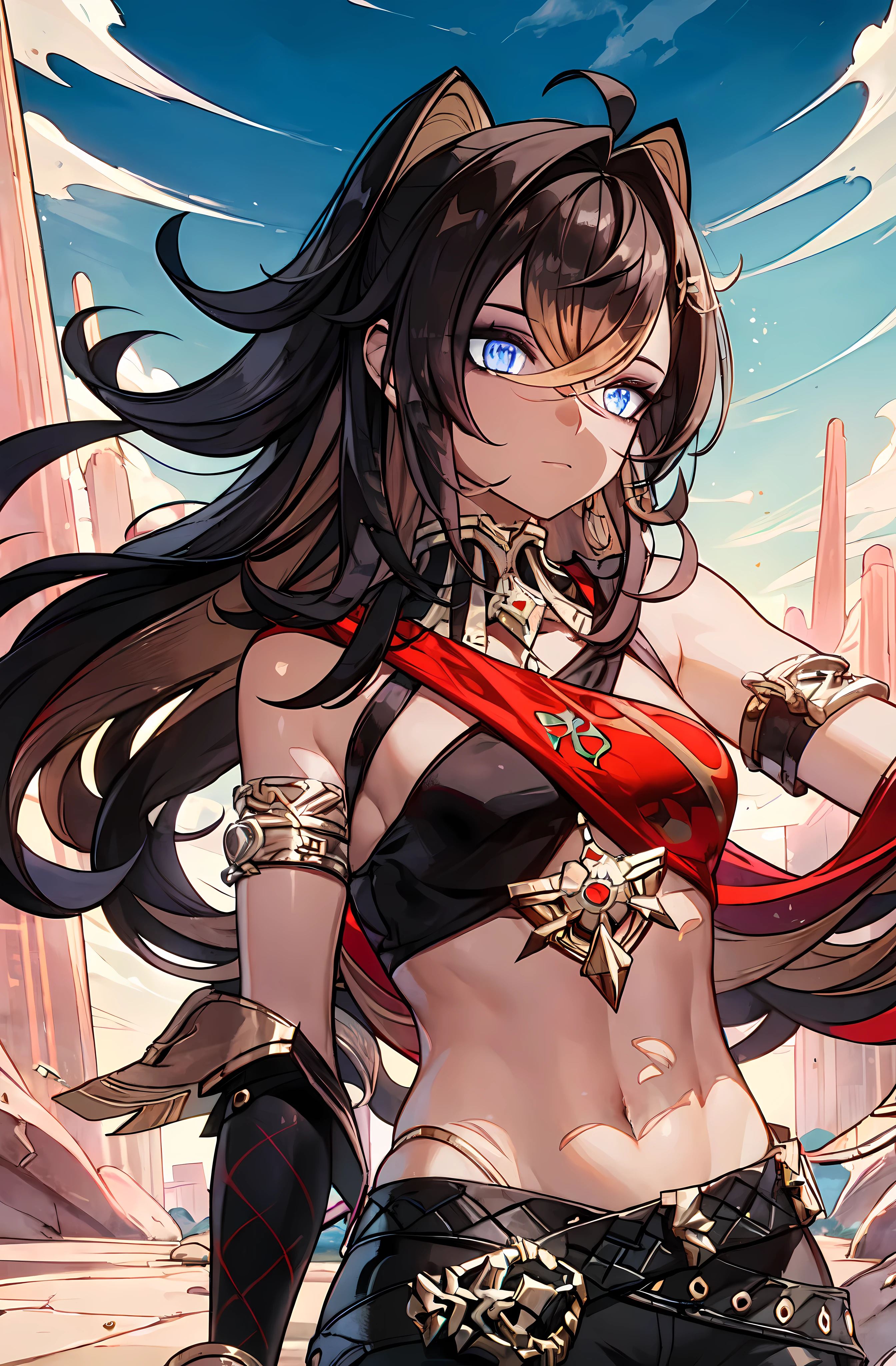 (masterpiece:1.2), (dark skin), (solo:1.2), (female:1.1), (emphasis lines:1.3), brown hair, bare shoulders, outdoors, long hair, navel, armbands, (hair vents:1.3), belts, shorts, (desert)