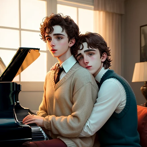 Timothee Chalamet and Lino Facioli sitting at a piano together hugging brothers intimate gay wearing sweater vests 1970s wealthy preps 1978 living room creepy unsettling dark