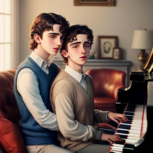 Timothee Chalamet and Lino Facioli sitting at a piano together hugging brothers intimate gay wearing sweater vests 1970s wealthy preps 1978 living room creepy unsettling dark