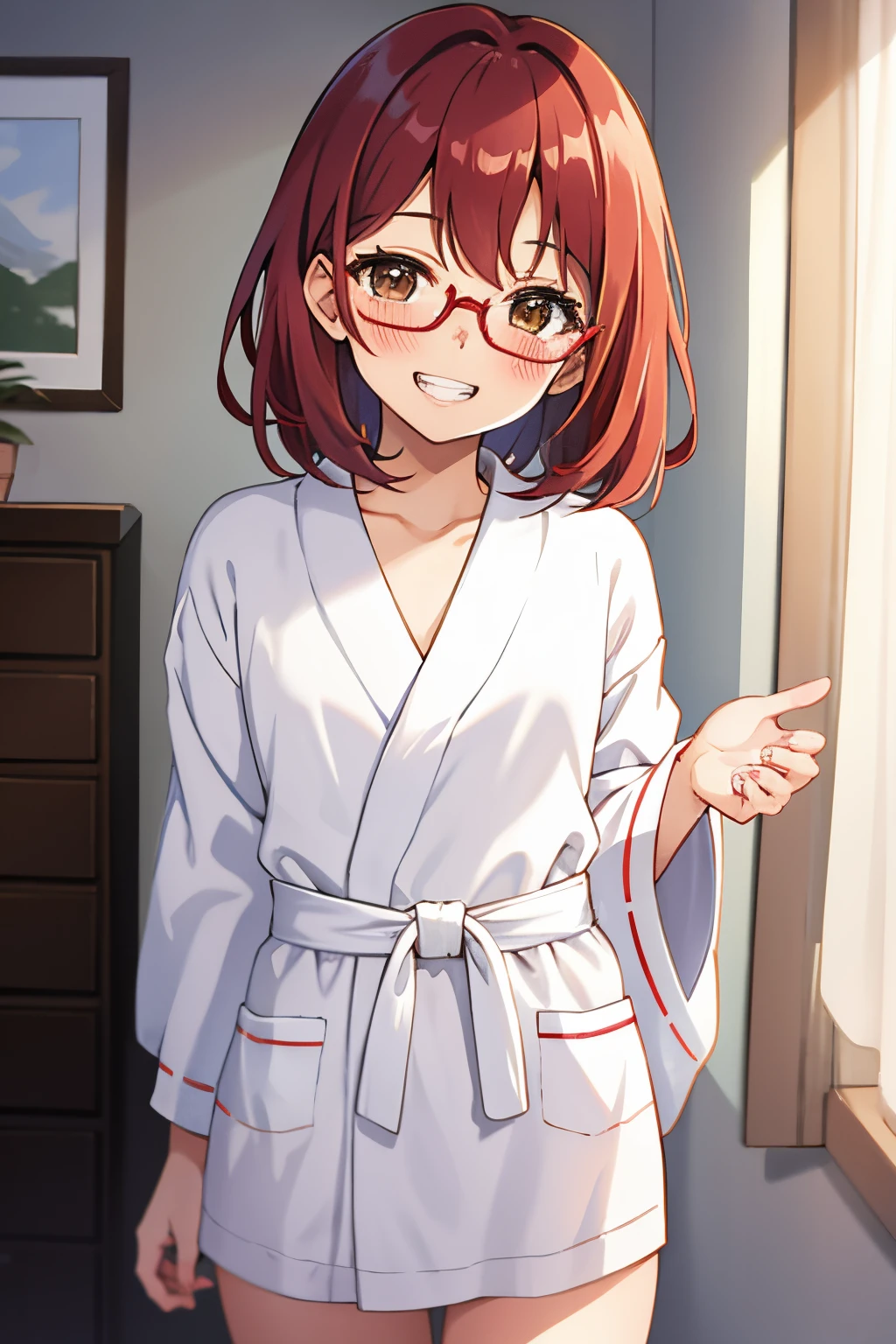 Young girl, medium hair, red hair, brown eyes, glasses,shining eyes, small breasts, short stature, (happy smile,clenched teeth), (blush), sexy white bathrobe,standing,(hands behind back), pov from front,bedroom,shining body