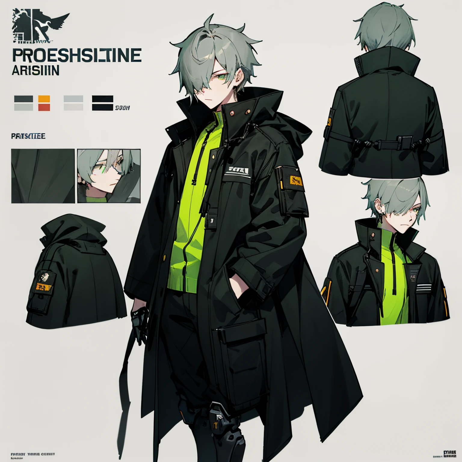 ((character design sheet、Same role、front facing、Lateral face、back facing))，mechanicallegs，High-grade off-white is the main color，Punishing: Gray Raven，From the night of the ark，Guwiz，From punishment: Gray Raven，girls frontline style，girls frontline universe，inspired by Leng Mei，Kusart Krenz key art feminization，7.5 head body，Mechanical prosthetics，Celluloid coloring style，white background，Weakens the coloring effect，Model-like figure，Three View，black green theme, (1boy, solo), male focus, looking down at viewer, hands in pockets, skinny, detailed messy grey hair, glowing green eyes, black techwear coat, black mouth mask, wire, cable, (), hair_over_one_eye, gradient black and green