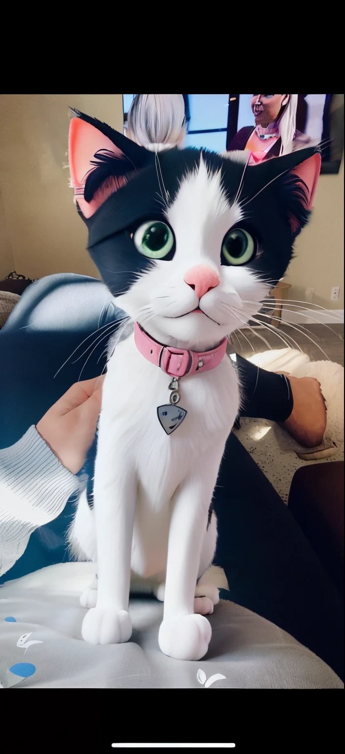 there is a black and white cat sitting on a person's lap, cute furry needs your help, black and white cat, white ( cat ) girl, cat female with a whit and chest, looking to the camera, looking to camera, super cute and friendly, looking straight to camera, she has a cute face, looking straight to the camera, she is facing the camera, wearing a pink collar with silver bell