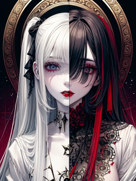 pale pretty girl, masterpiece, 2 halfs, one half divine, the other half demonic and fleshy,