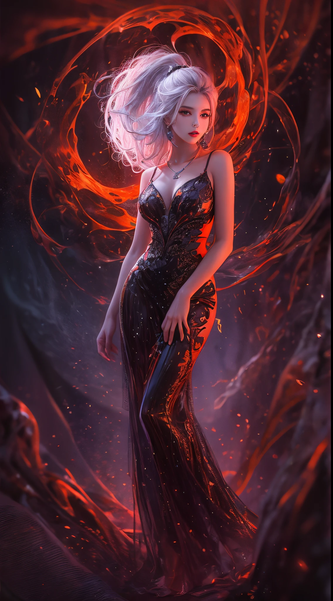 best quality,ultra-detailed,realistic,portrait:1.2,professional,colorful,soft lighting,full body,a beautiful cutest woman,tall and slender,mysterious,dynamic action,a raging fire,expression of pure malice,red moon