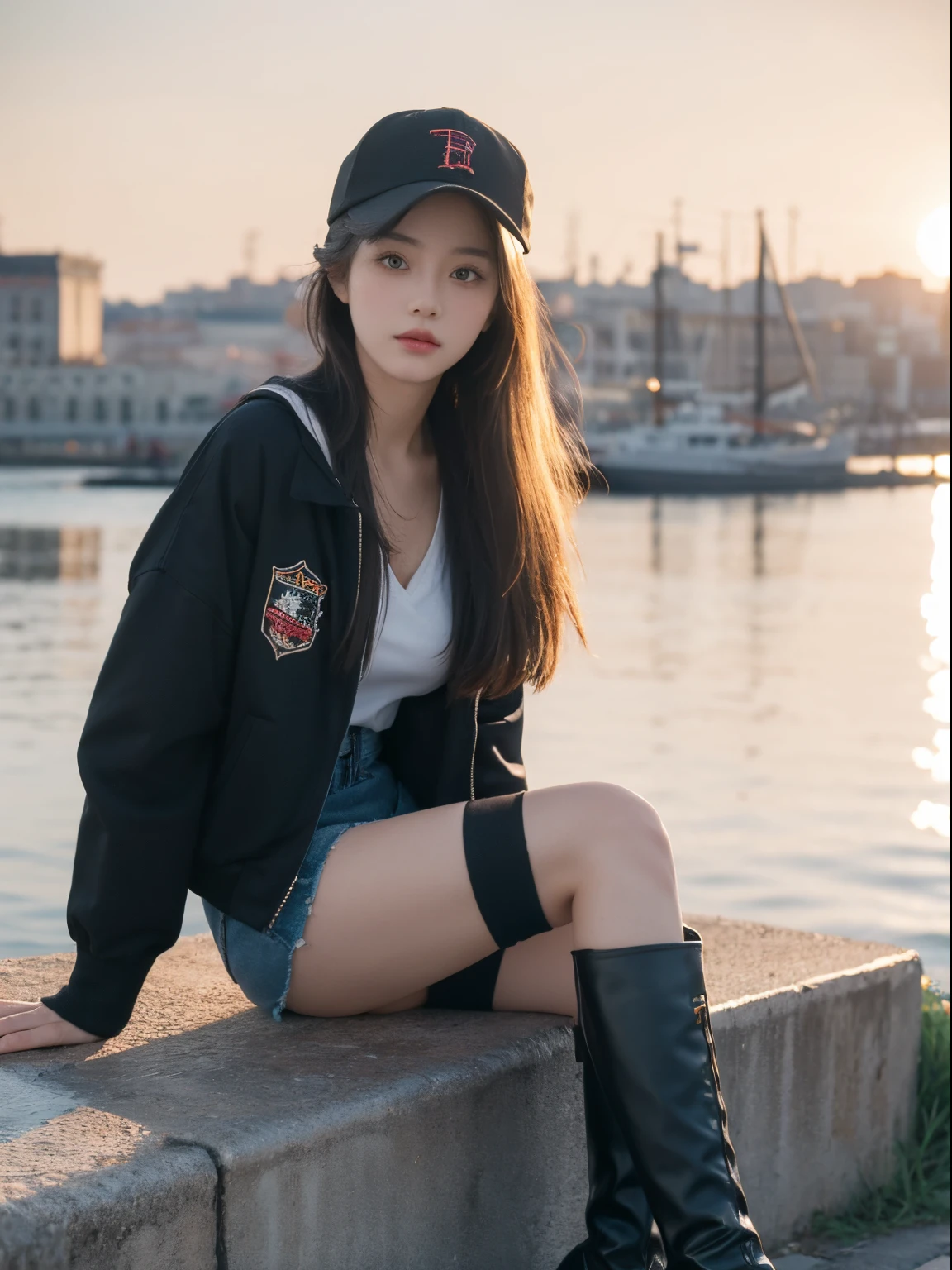 The middle view is, The middle view is, depth of fields, Broken, Upper part of the body, Movie Angle, tmasterpiece, Best quality at best, ultra - detailed, CG, 8k wallpaper, Nice face, Elaborate Eyes, A  girl, Alone, Long white hair, yellow-eyed, hairpin, white  shirt, Black hooded jacket, Black baseball cap, blackstockings, Black over-the-knee boots, the sunset, Medieval port, ports, Detailed water surface, Sun reflection