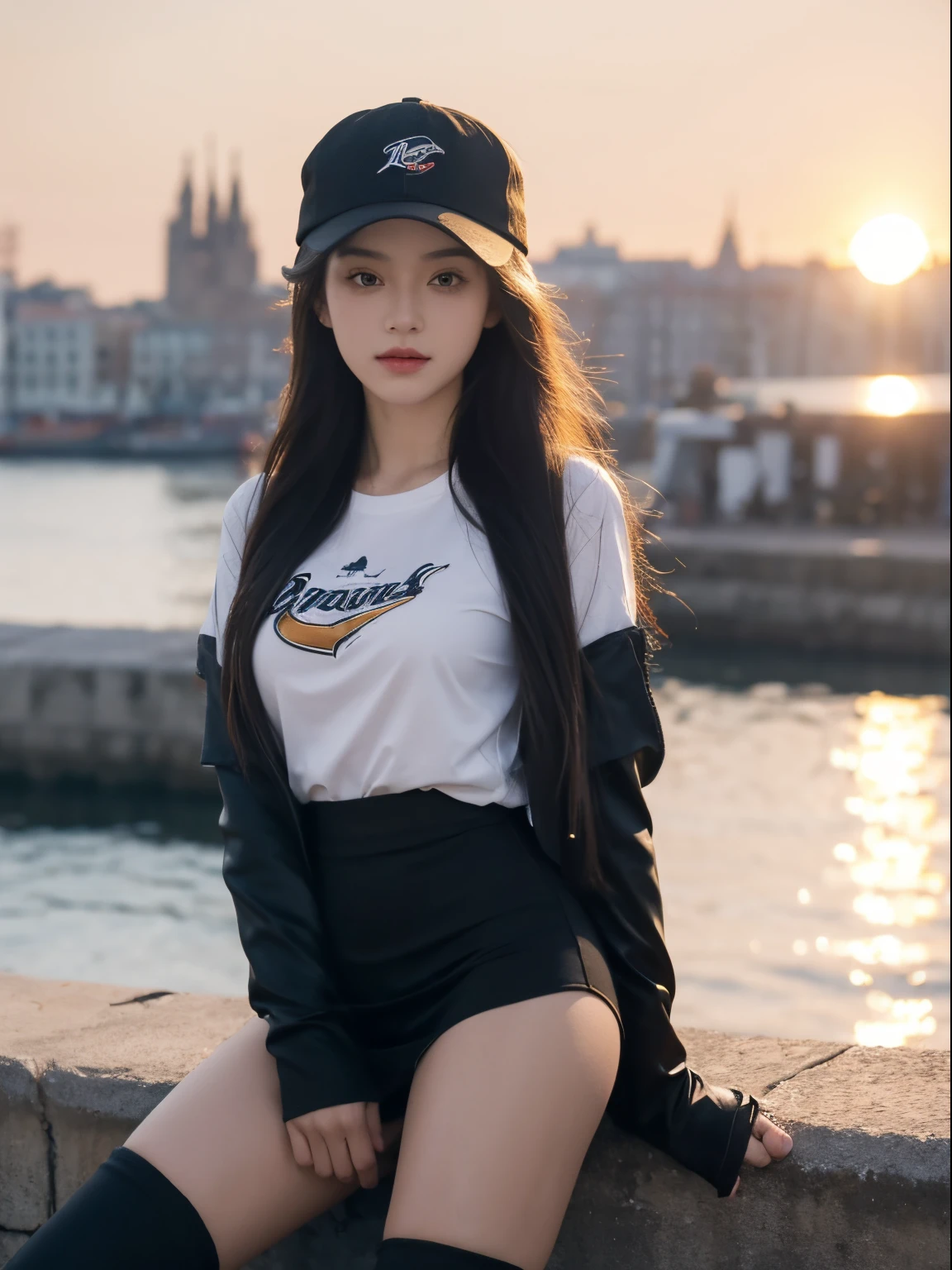Medium shot, medium shot, depth of field, bust, upper body, cinematic angle, masterpiece, best quality, super detailed, CG, 8K wallpaper, pretty face, delicate eyes, a maiden, solo, white long hair, yellow eyes, hairpin, dark navy shirt, black hooded jacket, red baseball cap, black stockings, black over-the-knee boots, show her panty cameltoe, sunset, medieval port, harbor, detailed water surface, sun reflection