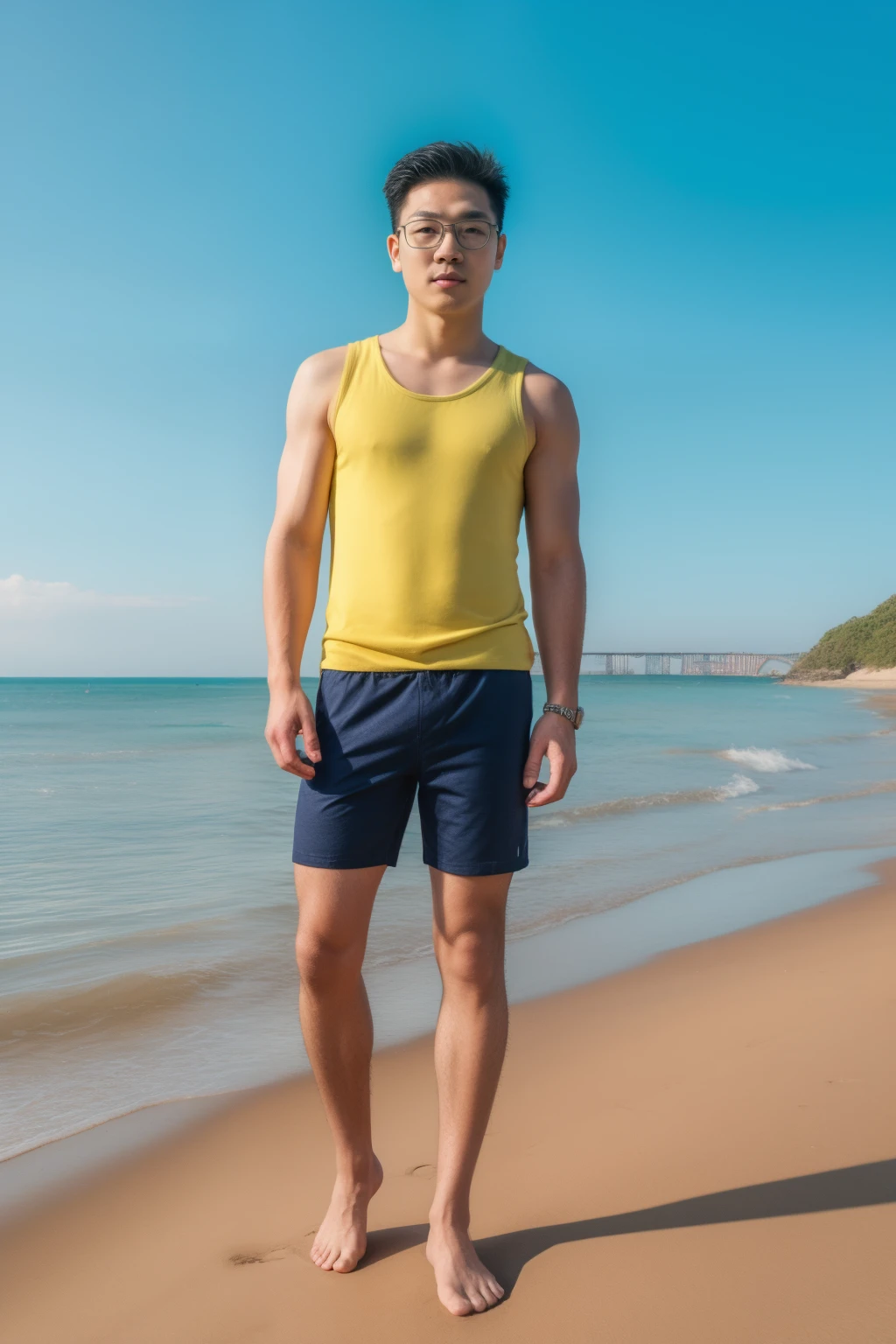 Full body, Andrew thomas huang, oval face, eyeglasses, neat muscular, yellow sleeveless shirt, short shorts, sea beach