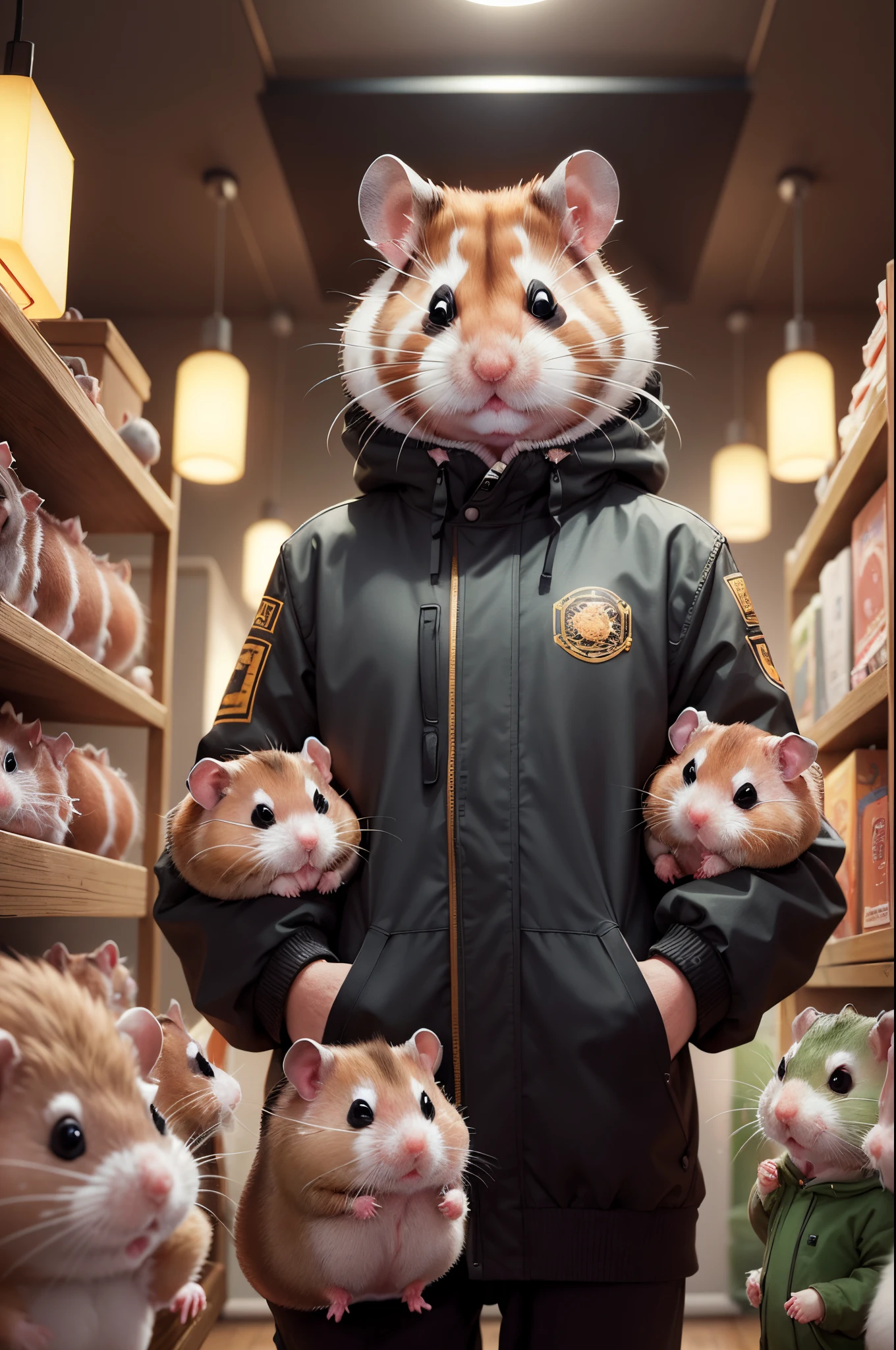 (future hamster:1.5),Hamster from the distant future,There is a cute hamster。Hamsters are short and strong,The fur is very smooth,Have a pair of smart and curious eyes。Hamsters live in an era of rapid development of smart data,We face unprecedented challenges every day。 One day,Hamster accidentally breaks into mysterious cave,hori'All kinds of high-tech equipment are available。Machine near hamster,Suddenly a light flashed,Hamster is transported to a world full of futuristic technology。 In this world,An encounter between ethereal artwork and ancient manuscripts。Mysterious algorithms and delicate calligraphy strokes connect the past and the future。A huge clock is suspended in mid-air,gear exposed,Demonstrating the complexity of AI decision-making。Floating data ball flashes in the background,Hints at the ubiquity of big data and its relevance to personal privacy。 In this world,There is a group of people from different fields、Hamsters on different backgrounds。Future hamster's facial features are intricately drawn,Highlights: Hamsters of the Future: Humans in an Automated World。The hamster also saw himself,The eyes of the future hamster are shining with determination,Future hamster's nose smells something new,Future hamster's whiskers dance to the rhythm of the future。