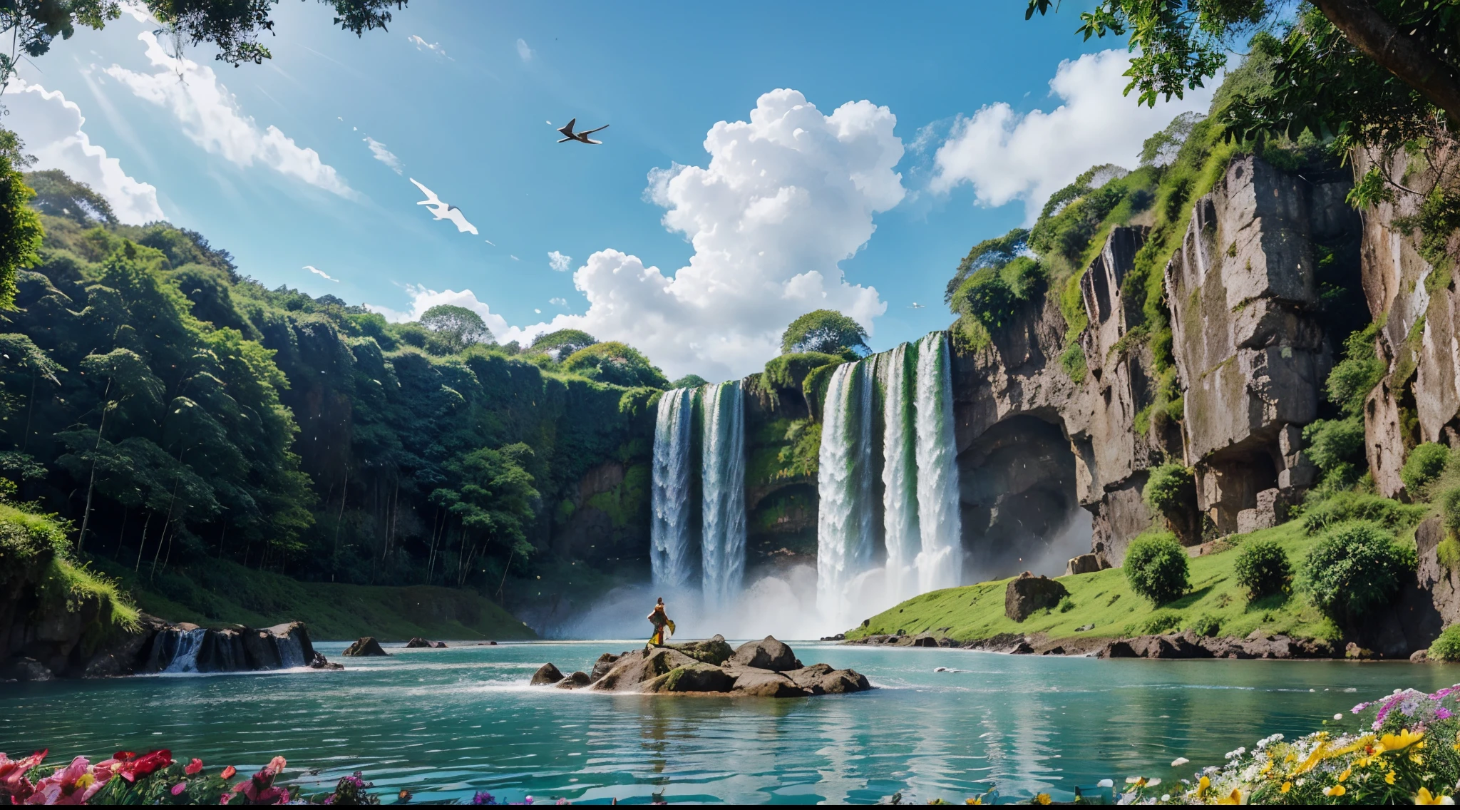 Create an image with a powerful waterfall, an imaginary warrior standing nearby, surrounded by lush greenery, colorful flowers, and a clear blue sky with soaring birds. Illuminate the scene with a bright sun for a captivating and vibrant landscape.