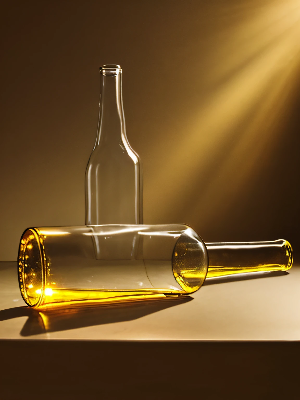two glass bottles, one standing one laid down, in golden lights, glowing enivronment