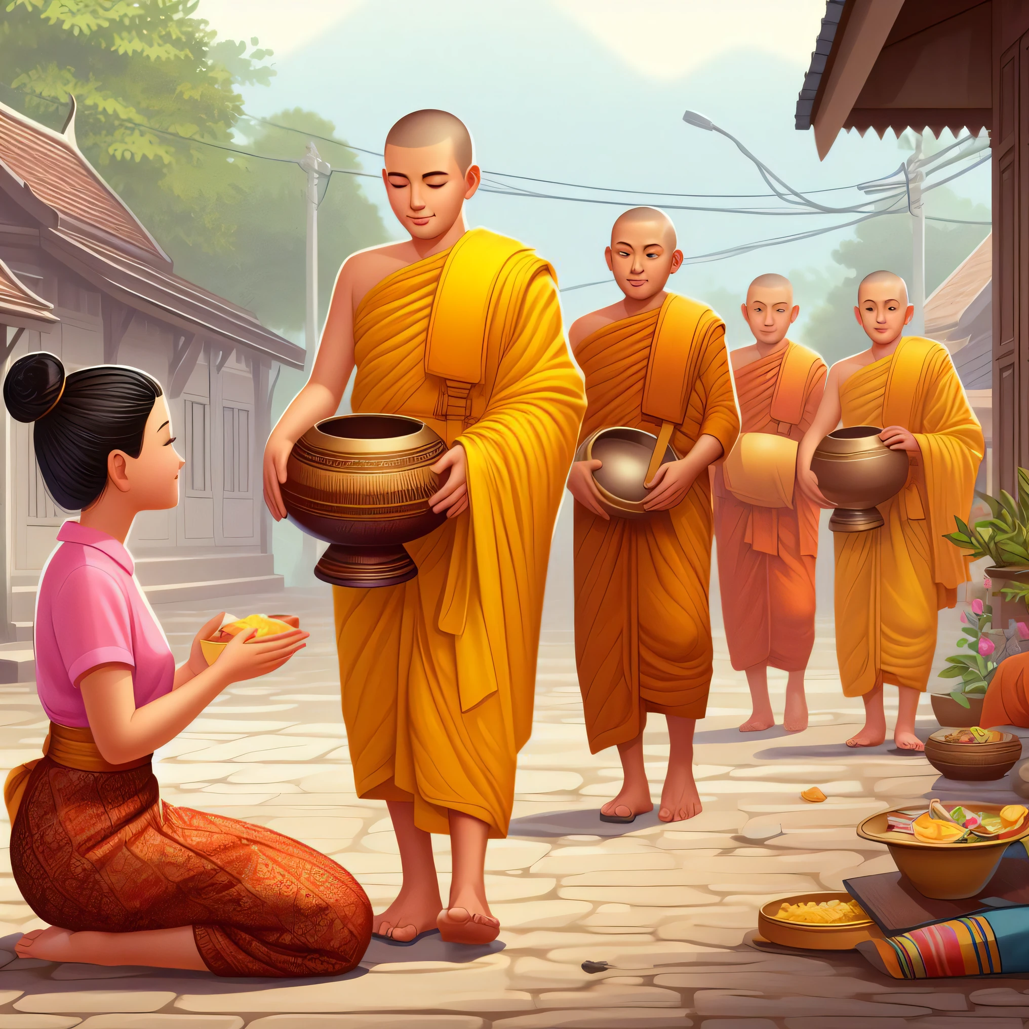 buddhist monks are gathered around a bowl of food on a cobblestone street, begging for alms, tithi luadthong, monk clothes, buddhism, buddhist monk, monks, buddhist, traditional, thailand art, monk, monk meditate, monk's robe, concept art of a monk, vietnamese temple scene, patiphan sottiwilaiphong, in a temple