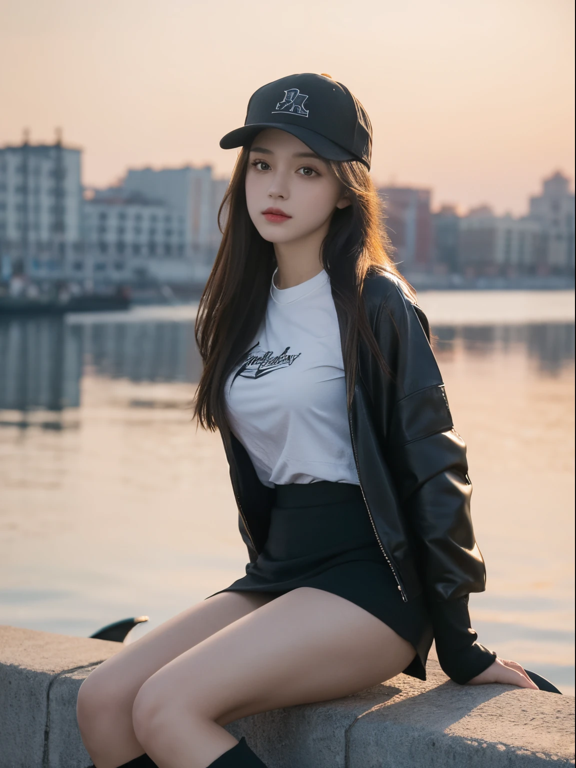 The middle view is, The middle view is, depth of fields, Broken, Upper part of the body, Movie Angle, tmasterpiece, Best quality at best, ultra - detailed, CG, 8k wallpaper, Nice face, Elaborate Eyes, A teenage girl, Alone, Long white hair, yellow-eyed, hairpin, white shirt, Black hooded jacket, Black baseball cap, blackstockings, Black over-the-knee boots, the sunset, Medieval port, ports, Detailed water surface, Sun reflection