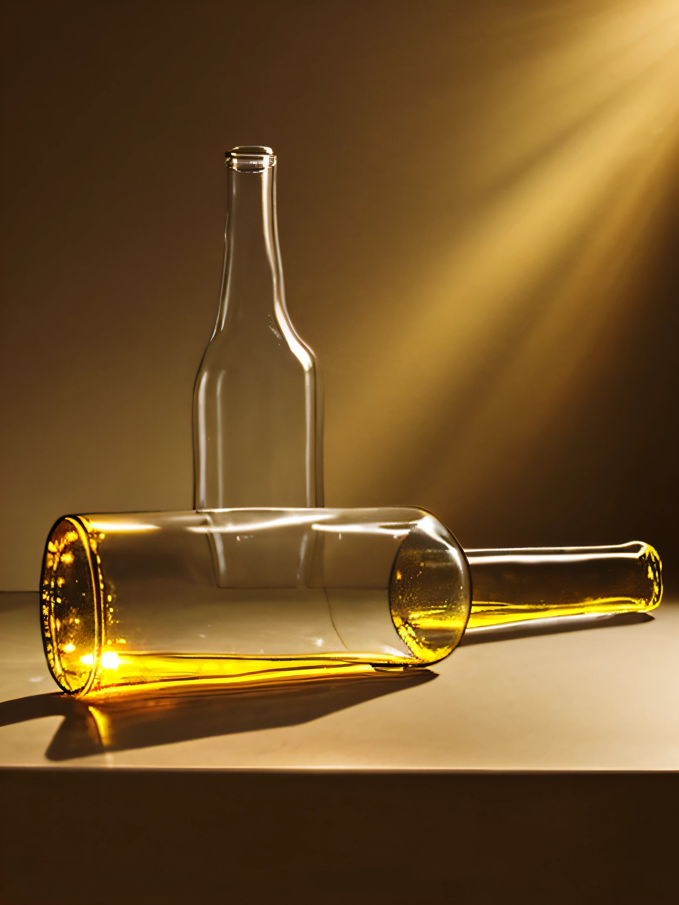 two glass bottles, one standing one laid down, in golden lights, glowing enivronment
