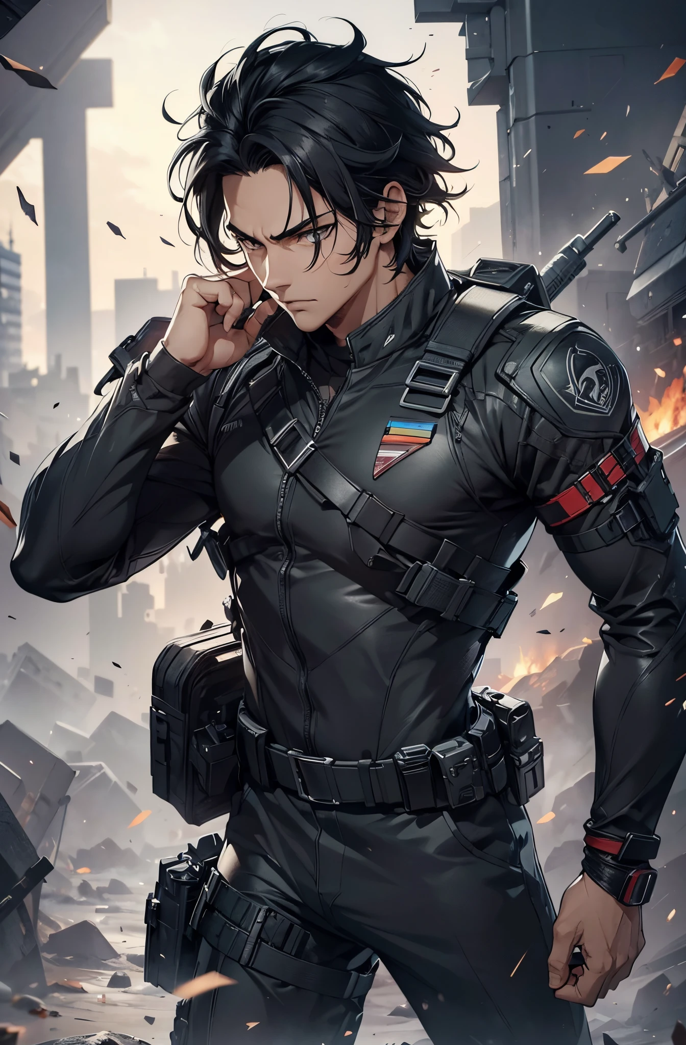 1man, handsome, wild black hair, wearing combat suit, masterpiece, 4k, top quality, highly detailed, official art