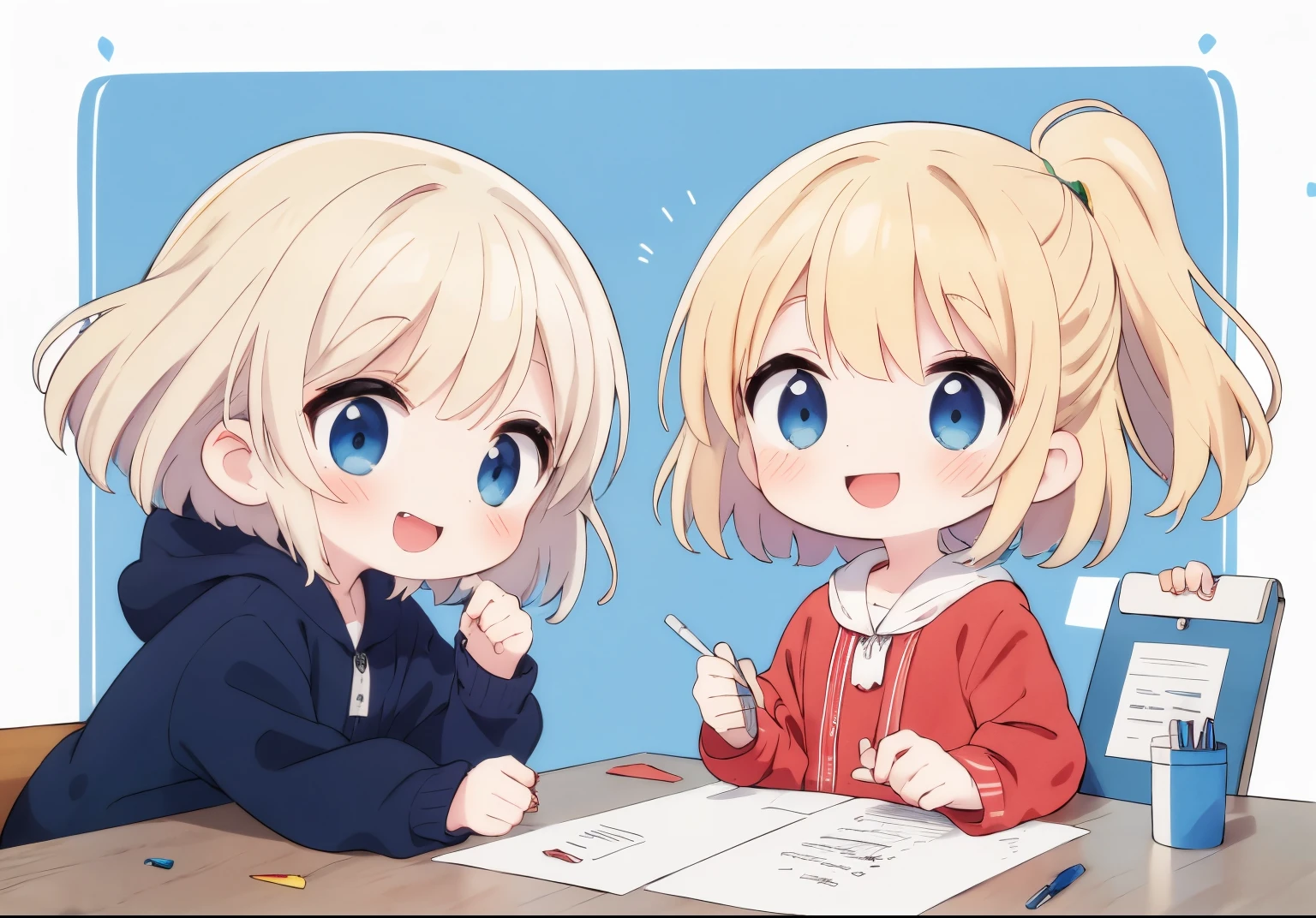 Best Quality, ultra-detailliert, image of a letter,stationery background,children with letters,Two children, Gamine2In person, platinum-blonde-hair, Floating hair,Children showing smiles,from the front side, shading