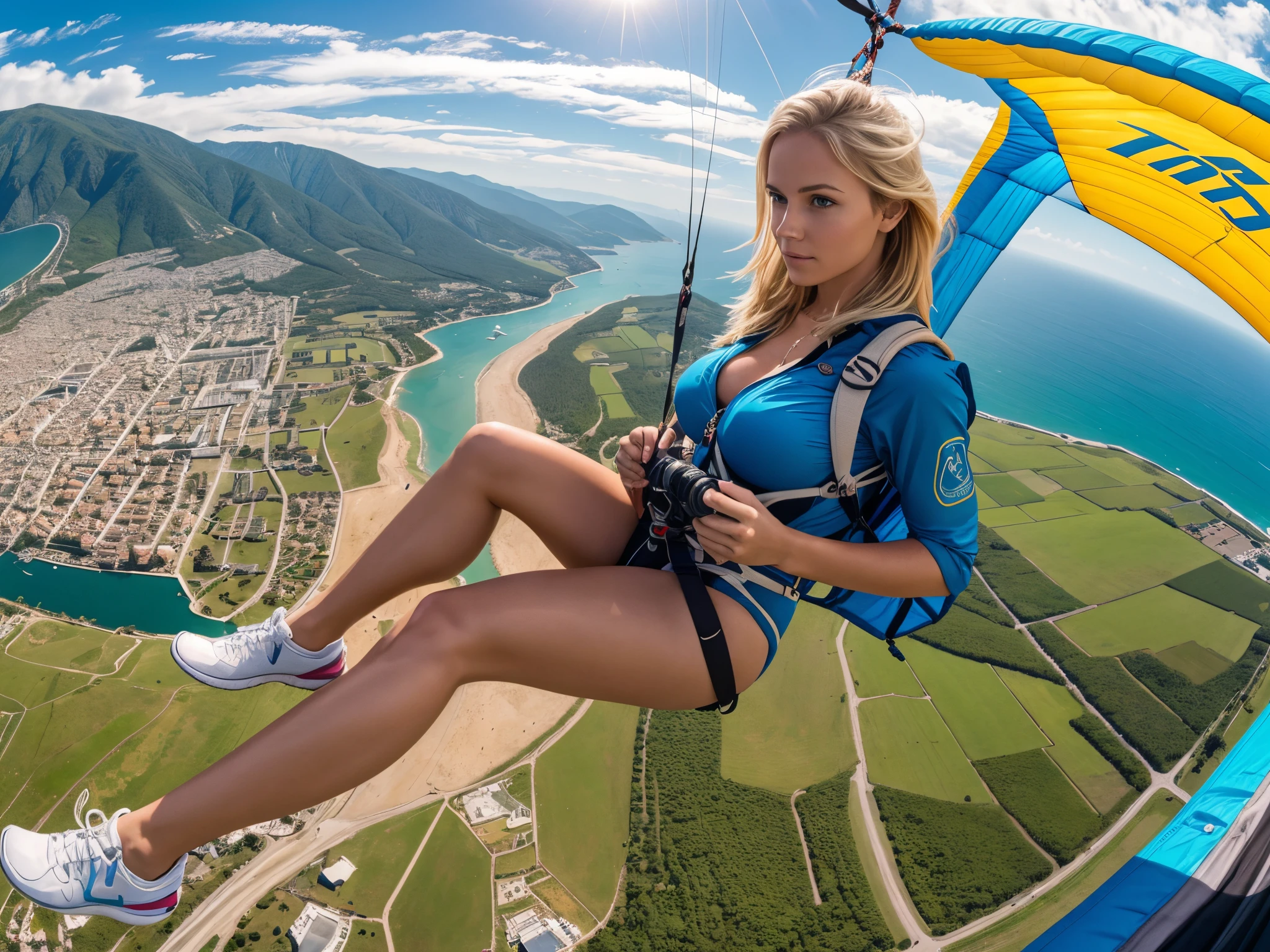 wide shot, full body portrait, a beautiful blonde woman paragliding, hanging from a paraglider, spectacular scenery below, medium breasts, low cut top, beautiful legs, legs spread, black running shoes, ultra-high res.photorealistic:.1.4, (high detailed skin:1.2), 8k, uhd, dslr, high quality, film grain, Fujifilm XT3