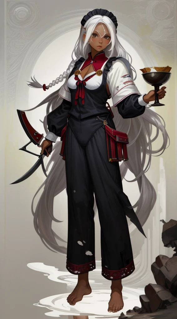 full body, barefoot, 1girl, ((milf)), ((dark skin)), white hair, slingshot bikini, (masterpiece, best quality), intricate details, 8k, artstation, wallpaper, official art, splash art, sharp focus, 1girl, Nakiri Ayame, long hair, braids, white hair, sovietForm, maid uniform,