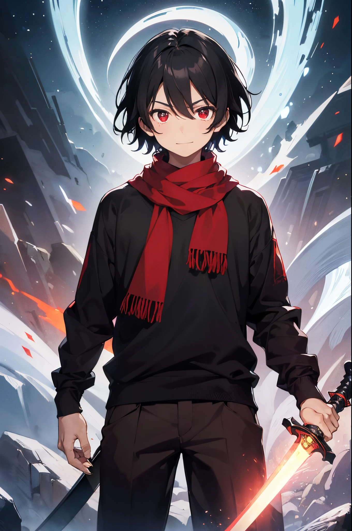 ((masterpiece,bestquality)),A 17 year old young man with black hair, short messy hair, red eyes, a black doomsday style long-sleeved shirt, a scarf, red pants, a cheerful, happy expression on his face. relaxed posture ((Weapon holding a long sword Has a black aura)) red glow effect