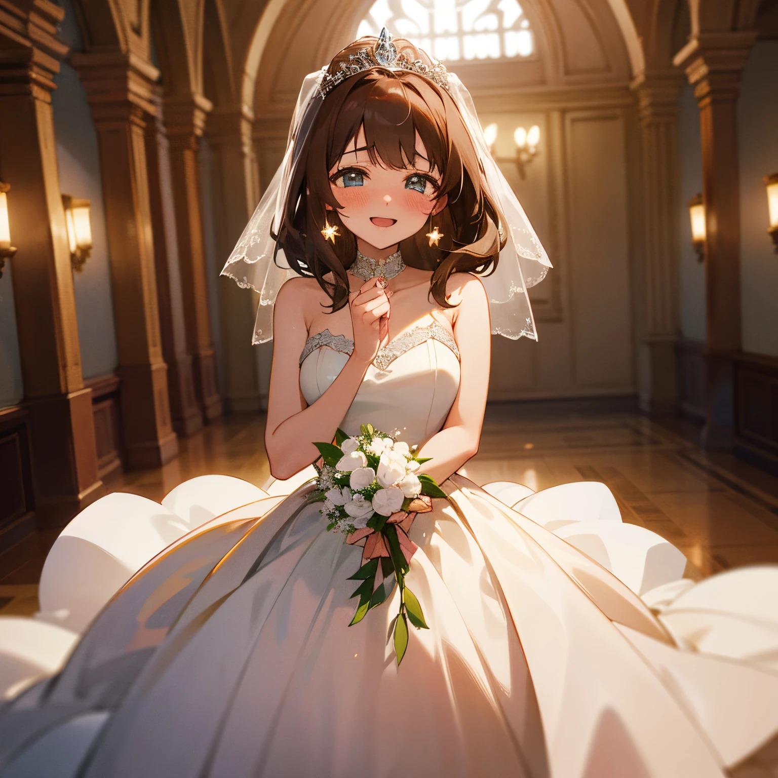 anime illustrated，​masterpiece, Best Quality，in 8K, 超A high resolution，Faraway view，the heroine is wearing a wedding dress，It reflects her happiness and smile。Beautiful eyes like jewels，soft brown hair，Open your mouth and smile、Very smiling、Blushing cheeks、Looks happy、Happy girlfriend,Wedding,princess dress,weddingdress,ceremonial hall,Teary-eyed