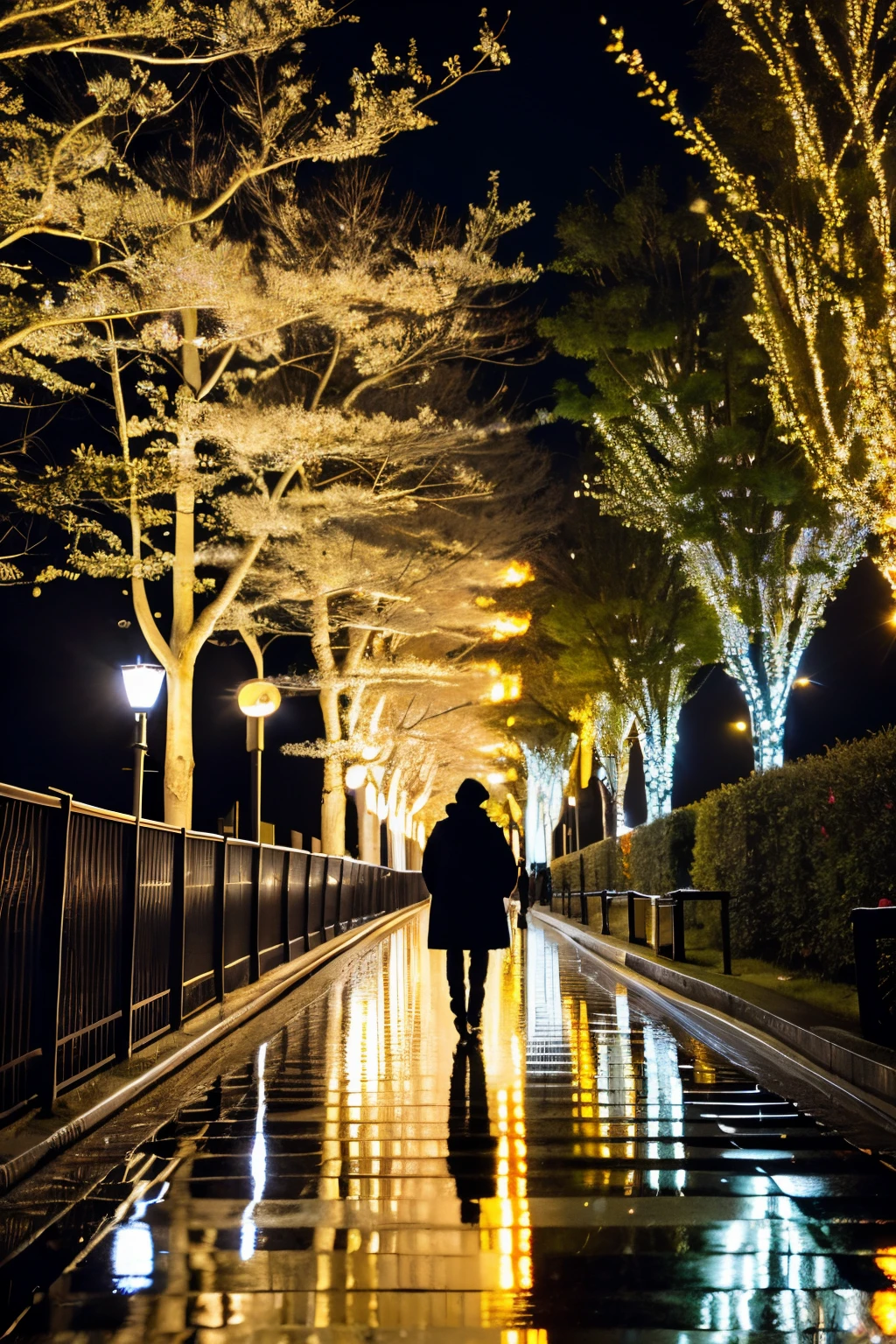 (No Man), Unattended, No Man, The landscape, Winters, christmas, 城市, toyko, pedestrian walkway, yuki, lit up, the night, high definition detail, hyper-detailing, cinematic ligh, ultra-realistic realism, softlighting, Deep focus bokeh, Ray traching, art station pixivgwise, Shinkai sincerely, Art germ