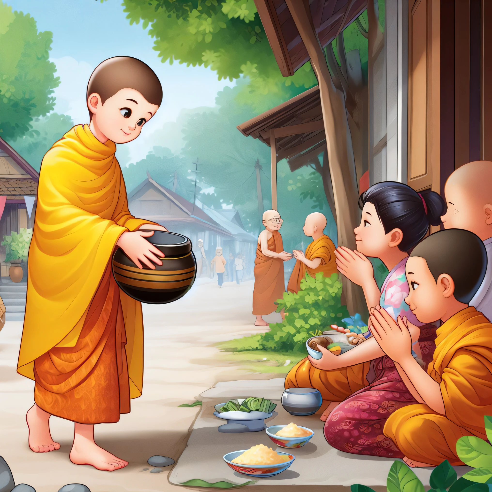arafed image of a monk giving food to a group of children, begging for alms, buddhist monk, full color illustration, buddhism, a beautiful artwork illustration, monk clothes, vietnamese temple scene, thailand art, monk, monks, buddhist, concept art of a monk, in a temple, children book illustration, in style of thawan duchanee