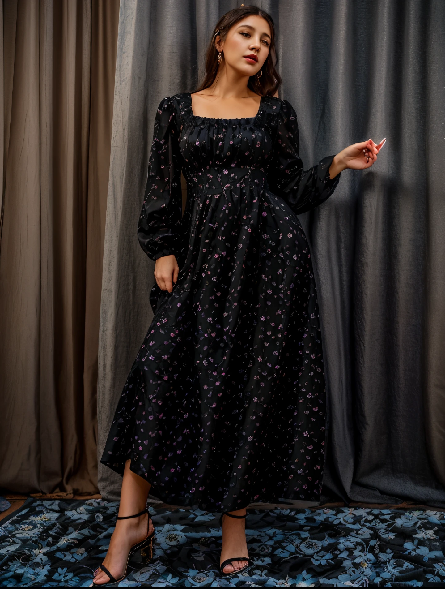 a woman in a black dress standing in front of a curtain, dark black long dress, modest flowing gown, long dress, floral art novuea dress, long dress female, woman in dress, frock, female figure in maxi dress, lady with glowing flowers dress, femme, wearing a long flowery dress, flowing dress, puff sleeves, floral art nouveau dress