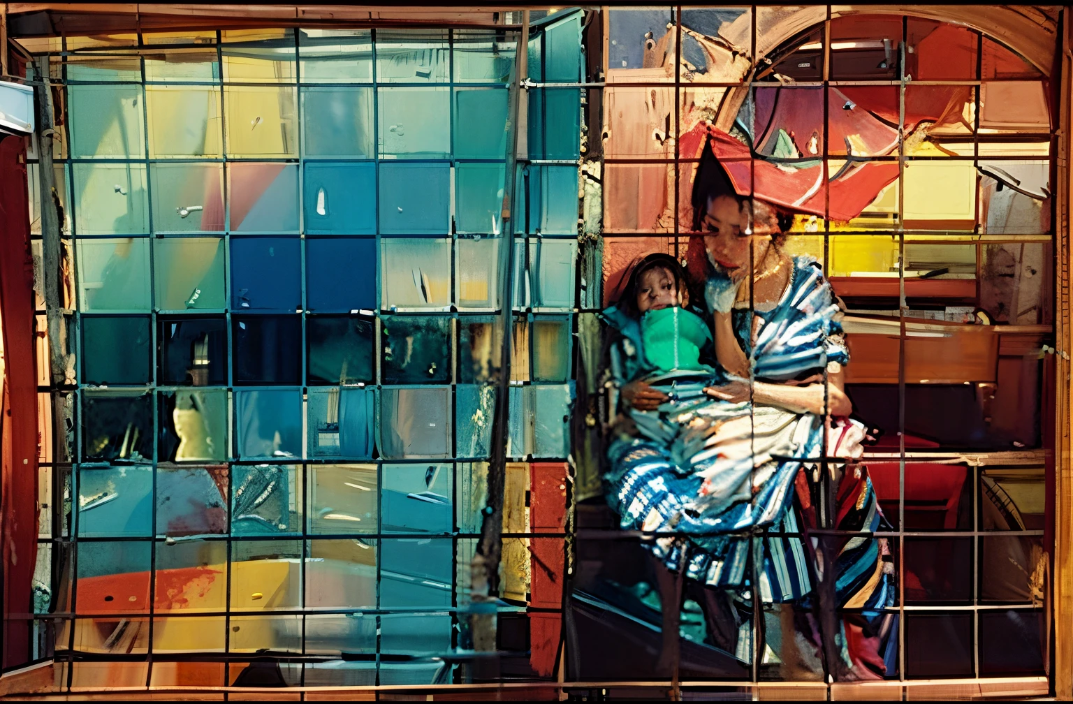painting of a woman and  sitting on a chair in front of a window, Real photography on the street, foto distorsionada, En esta pintura, overlapping composition, una imagen, high quality photograph, Pintura realista, inspirado en Carel Weight, Very good quality photography, ( Collage ), oil paiting, Foto de una pintura,  on damaged film
