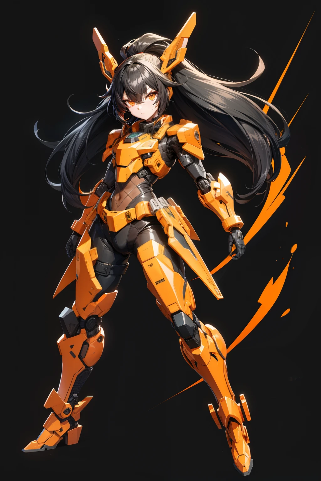 cute girl, Her hair is black, her eyes are black, and she wears orange combat gear, full body
