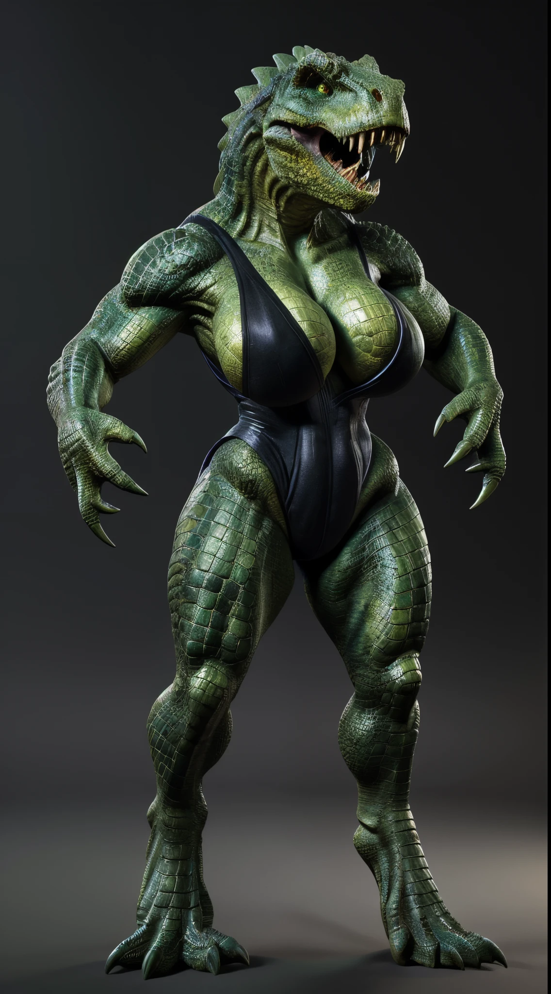 "(full body image, realistic:1.2, high detail:1.2, high quality:1.2, best quality, 8k), ((solo)), BREAK, 35 year old, (Hybrid, (Tyrannosaurus:1.3)), woman, (realistic scales, (Green Scales all over body:1.7)), (large breasts:1.8), (voluptuous:1.6), (muscular:1.8), buff, athletic, (toned:1.5), (broad hips:1.5), (curvy:1.45), (hard abs:1.2), (hourglass body:1.75), powerful legs, (long arms:1.6), tall, fierce, scary yet sexy, (detailed glowing green eyes:1.3), ((sharp teeth:1.6), (Fangs:1.7) powerful jaws), ((wearing High-Cut Black Leotard:1.6) (push up cleavage:1.2) leggy, (thong:1.3)), (matching hands, (Long Menancing Monster Clawed Fingers:1.5), ((Tail coming out the lower back)) monstrous yet beautiful," monster, woman monster, Trex_Dinosaur, therapod, high-leg leotard