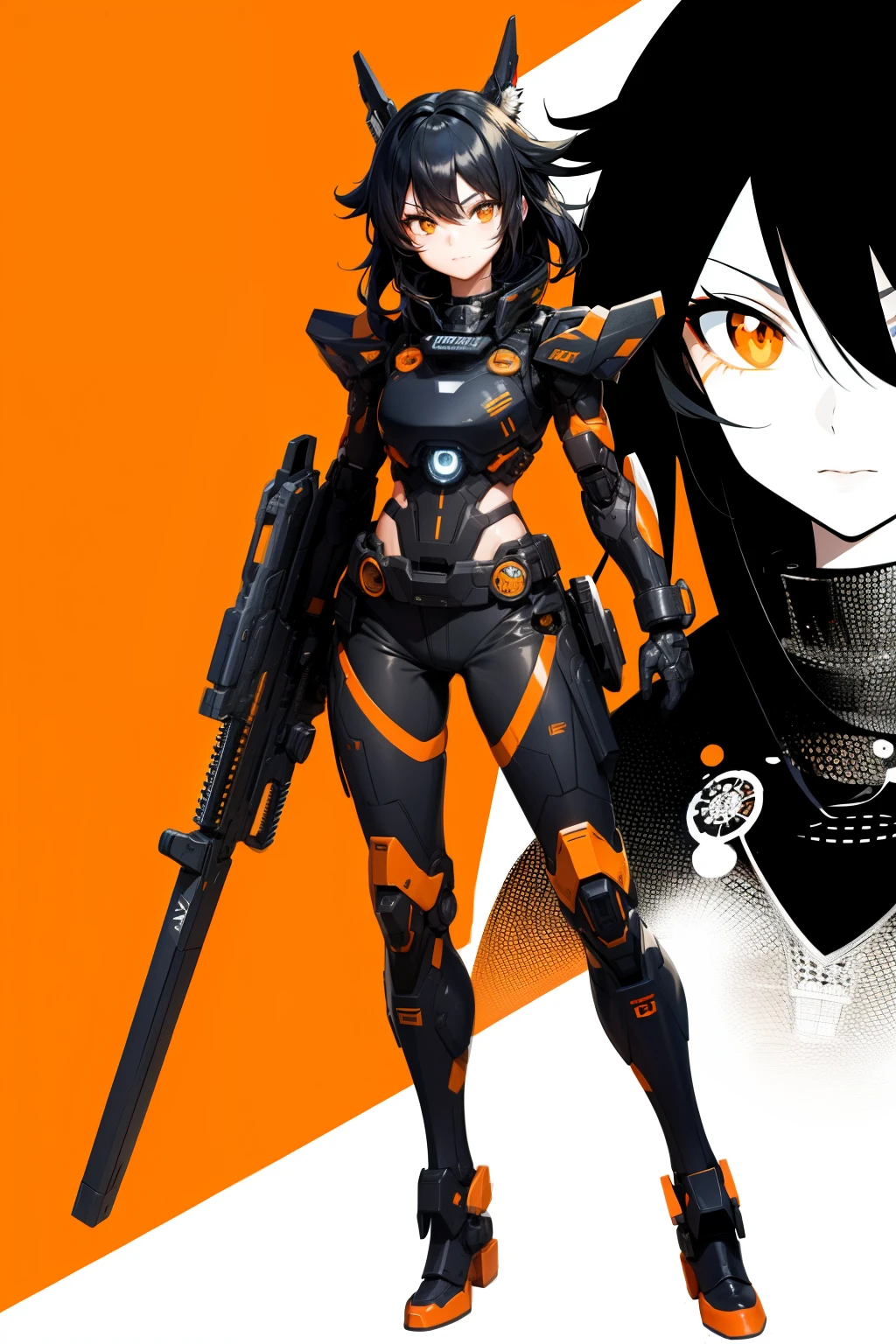 cute girl, Her hair is black, her eyes are black, and she wears orange combat gear, full body