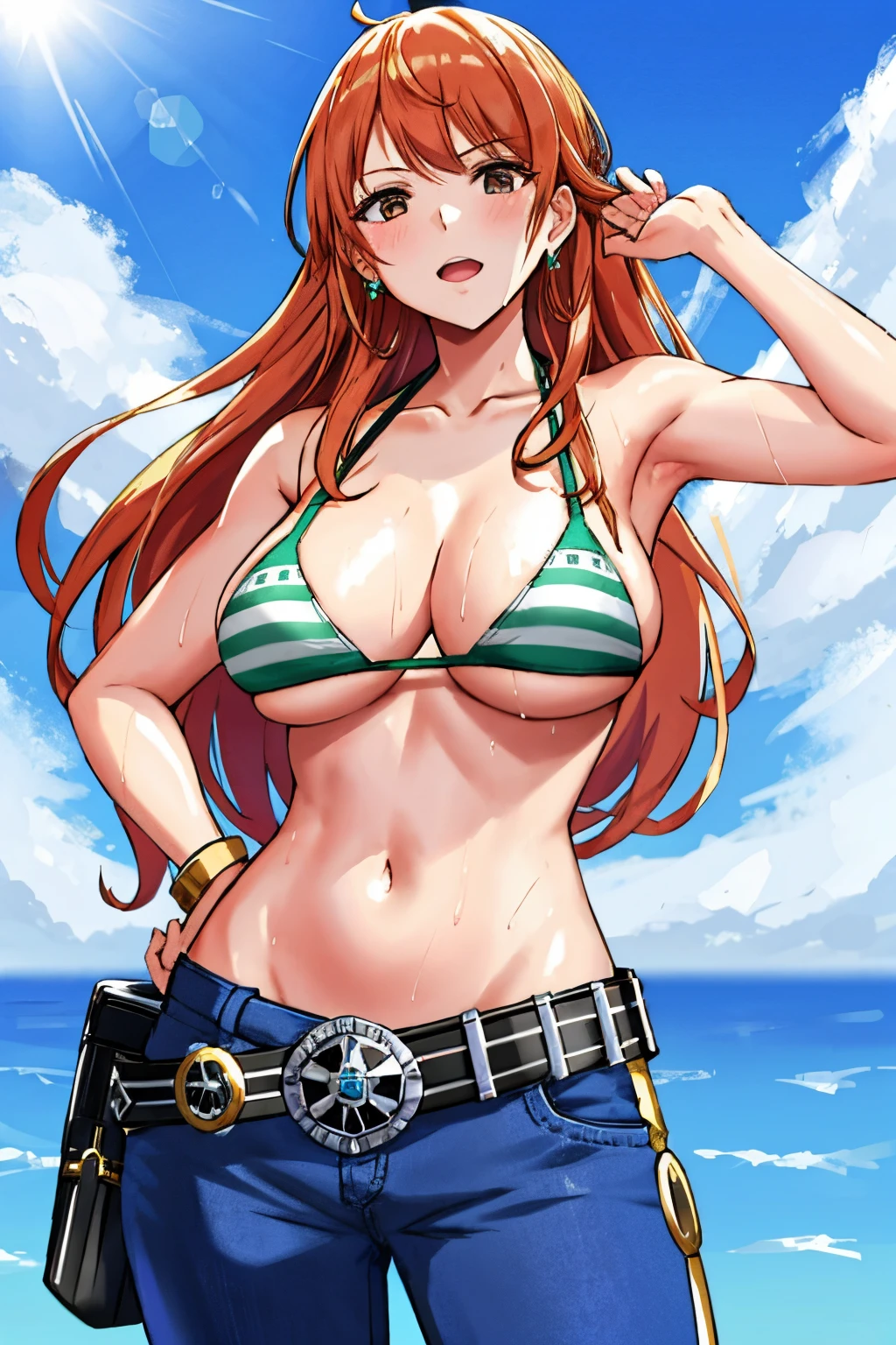 detailed background, masterpiece, 4k, epic, best quality, late youth, adult, wrestler body, strong, 1girl, active, energic, (large mouth) , solo, nami \(one piece\), 1girl, bangle, (very wet, drenched in sweat, sweat all over body, very wet hair, tired, open mouth, exhausted, shouting, sweaty face, sweaty body, sweating too much, shiny sweat, leaning, hands on hips, serious, glaring, open eyes, perfect detailed face, round face, sweat on face) bold drawing lines, muscular arms, detailed bold arm lines, flat jaw, adult woman, wavy wide streaked bangs, floating bang, (big cheeks), bare shoulders, off-shoulders, belt, bikini, bikini top only, blue sky, bracelet, ((huge breasts)), springy breasts, breast lines, big round eyes, very big brown shiny eyes, bubbles, high eye position, cleavage, cloud, day, denim, earrings, ponytail, floating hair, shiny hair, green belt, green bikini, bold groin lines, jeans, jewelry, medium breasts, log pose, long hair, looking at viewer, big navel, wet hair, orange hair, pants, shoulder tattoo, sidelocks, sky, solo, standing, stomach, swimsuit, tattoo , looking at viewer, open mouth, detailed left arm, big forehead, hourglass figure, small head, toned body, wide hair, wind effect, sun effect, under the sun, narrow small ears angle, older, random poses,