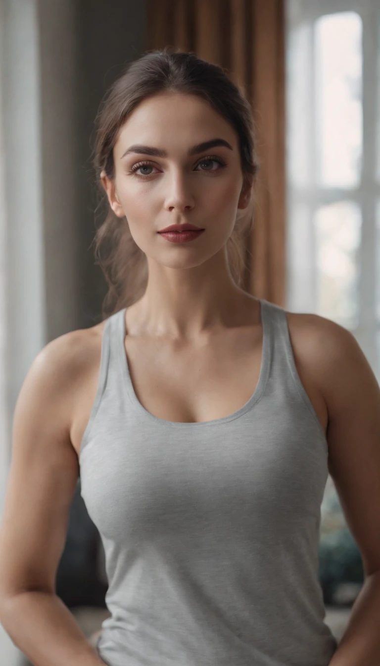 La misma modelo posando con ropa deportiva ajustada en casa