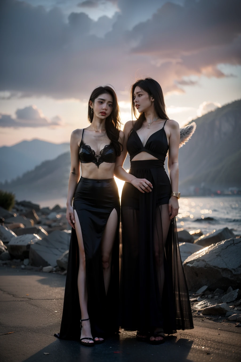 24-year-old Caucasian woman、Hair is brunette、Eye color is blue、Semi-long、Slender but well-proportioned muscular man、My abs are cracked、The belly button is out、a smile、I'm wearing a necklace、accessories on wrist、Wearing off-shoulder tops、I'm wearing low rise leggings、I'm wearing pin heels、Pure white background