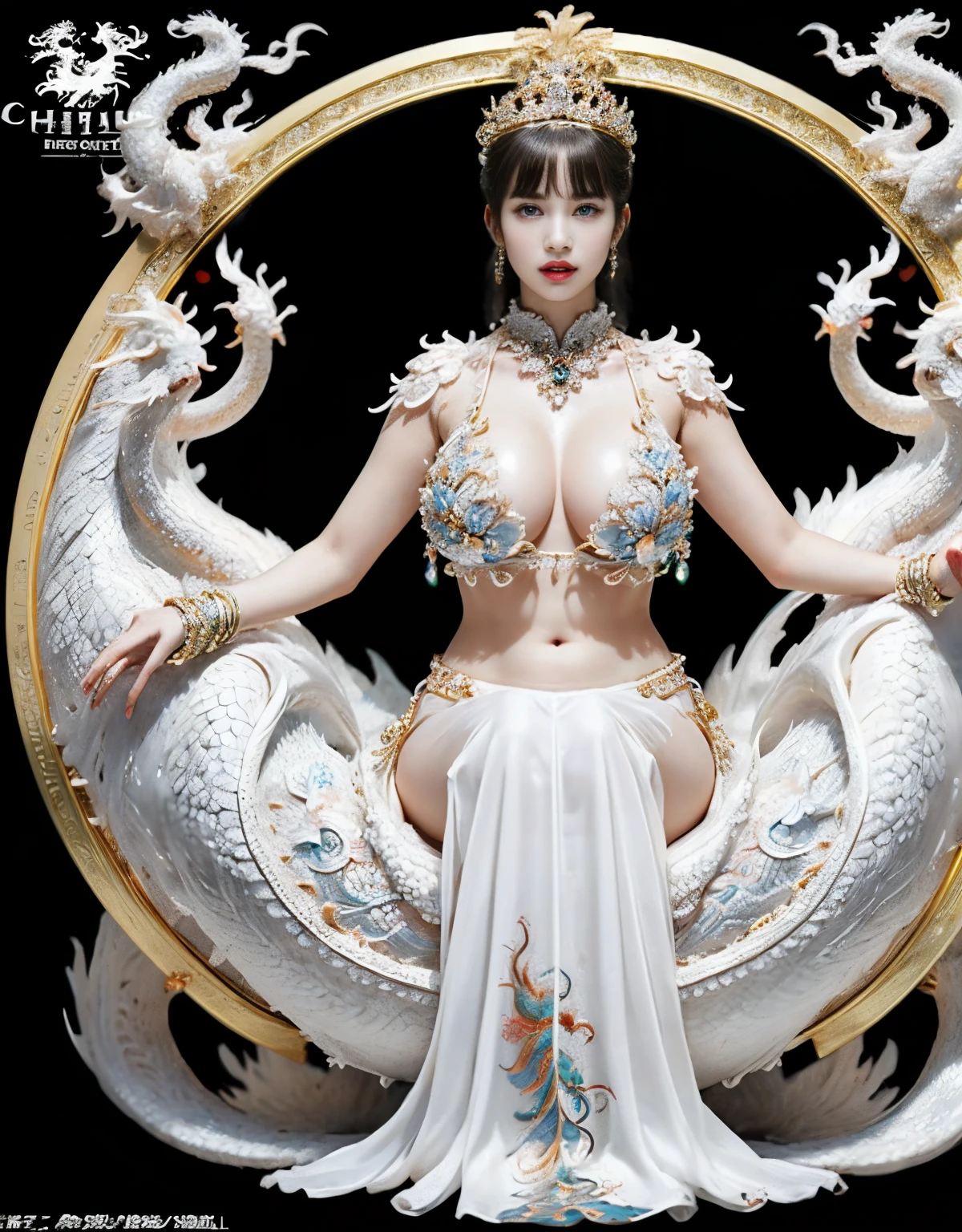 (heavy breasts)、top-quality、masterpiece、超A high resolution、(Silver Dragon Armor)、(((Colossal tits))),dragon armor、(((large floral ornament on the head))),(((Detailed Micro Bikini))),(Wearing a beautiful crown made of jewels),(Photorealsitic:1.4)、Raw photo、女の子1人、(((Random hair))、(((Take different poses)))、glowy skin、(((White Chinese Dragon)))、Intricate and ornate hair ornaments、(Gorgeous Jewelry Necklaces)、(Mystical expression)、(Full Body Angle)、(Fight big dragons)、(Metal bikini)、((beautiful lake background)),(beautiful forest background)、Precipitous cliffs、(Castle background)、((super realistic details))、portlate、globalillumination、(sexypose)、Shadow、octan render、8K、ultrasharp、Colossal tits、Raw skin is exposed in cleavage、metals、Details of complex ornaments、Japan details、highly intricate detail、Blue eyes、radiant eyes、Facing the camera、Toostock、(Full Body Angle)、(veils)、(((Heavy Big))),((she is wearing a beautiful jeweled bangle.)),