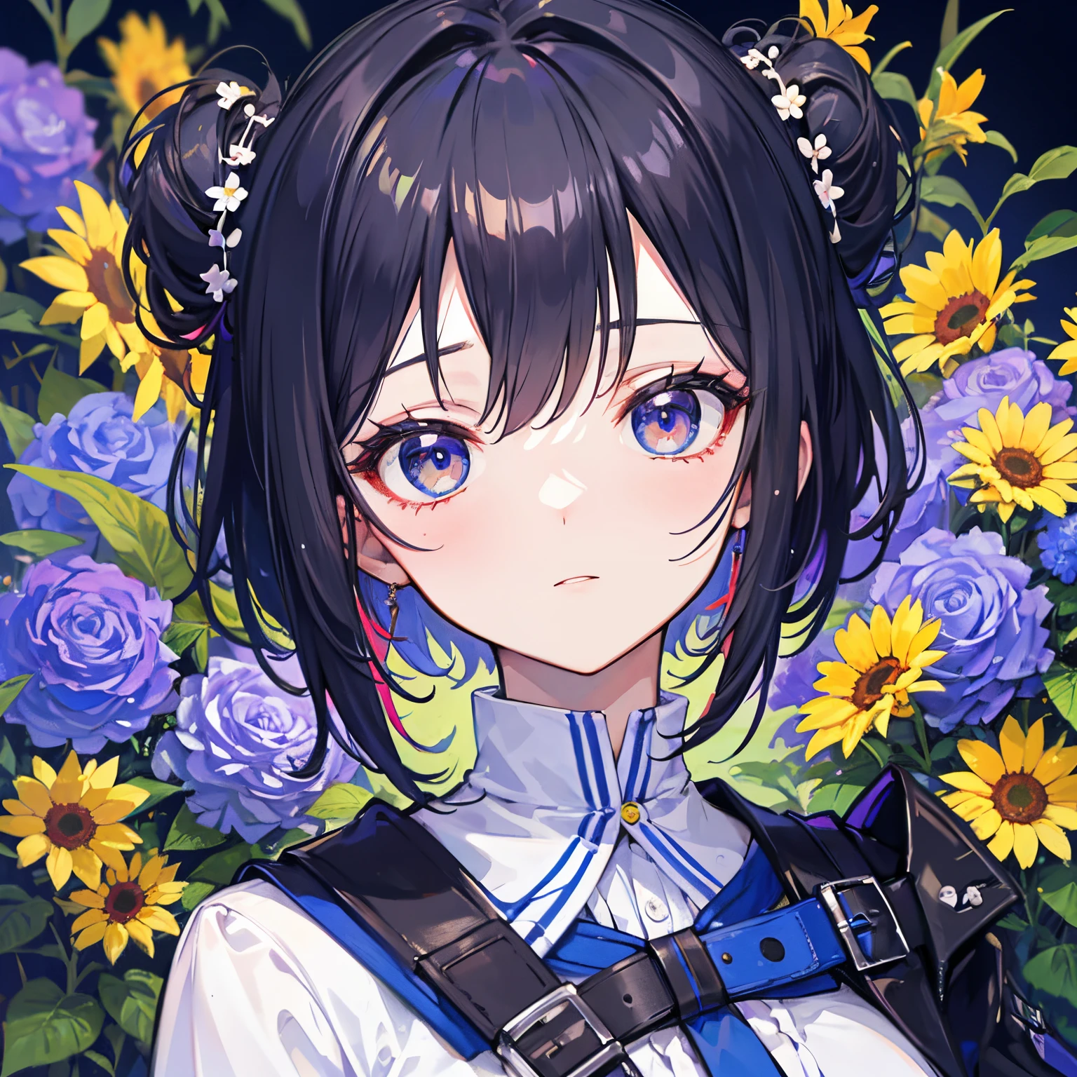 4K,Extremely colorful,beuaty girl,raised head,Flowers of various colors surround the girl,tmasterpiece,Best quality