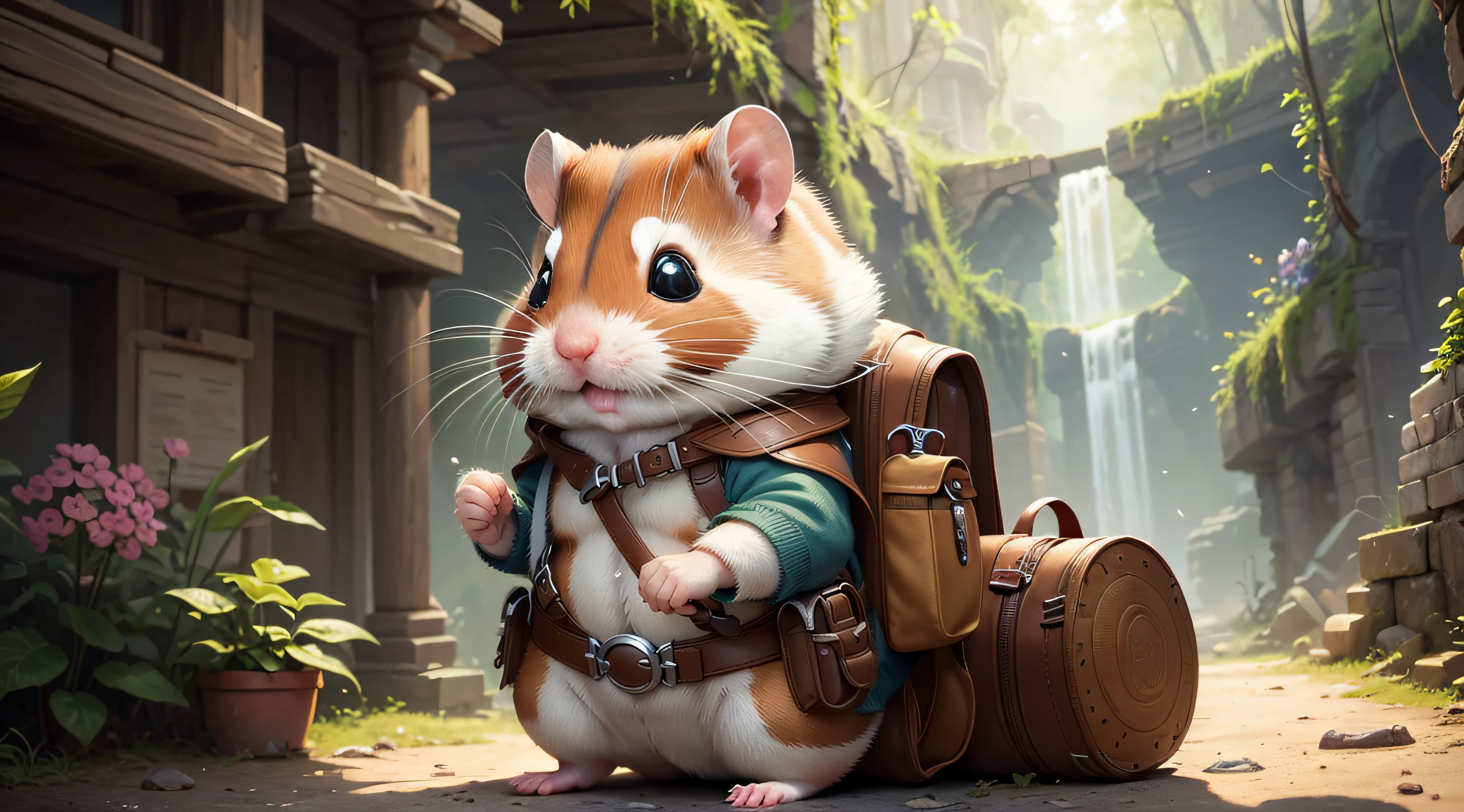 (meilleur qualité: 1.2 ultra détaillés) hamster aventurier réaliste (Avatar de hamsters). explorez les trésors cachés dans les ruines antiques, hamster courageux et déterminé, curieux, intelligent et agile, tenant un petit lasso dans ses petites pattes, orné d'un petit sac à dos, Éclairage doux et naturel, créer un sentiment d'aventure et d'émerveillement, Des couleurs vives et éclatantes, avec une touche de chaleur et de nostalgie.