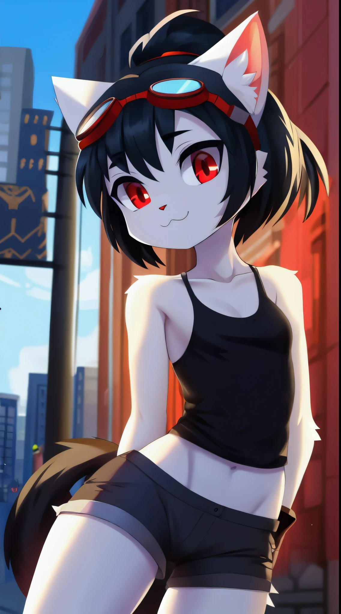 furry girl, cat, black hair, short spiky hairstyle, hair bang cover her eye, black eyeshadows, short spiky ponytail, anime style, small breasts, red eyes, Big eyebrows, black small tank top, grey shorts, fingerless gloves, street, sunny sky, high quality, detailed body, detailed eyes, detailed face, masterpiece, glistening body, detailed body fur, best quality, white body fur, skinny, sassy face, gothic, goggles, spectacular effects, :3, detailed hands, perfect lighting, perfect shadows, perfect eyes, perfect hair, perfect face, gorgeous body