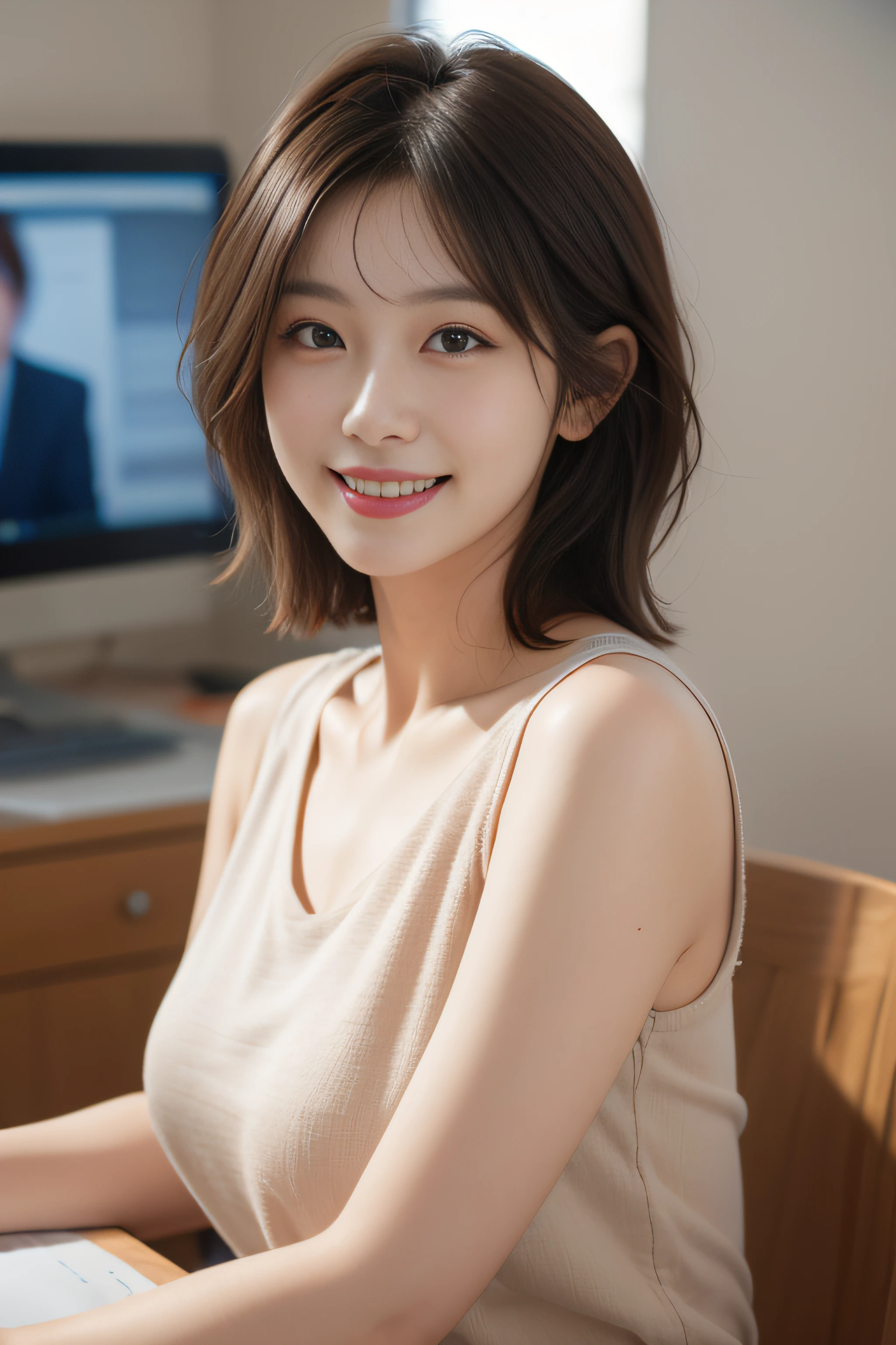 ((top-quality, masutepiece)), 1girl in, Facing the front, Office Lady, light brown hair, very short-haired, Smile, in 8K, 85 mm, Raw photo, Bokeh background, in a office, Many financial reports on the desk