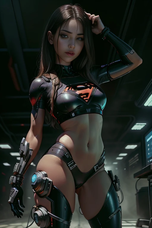 vestindo cosplay de Supergirl, Bela foto de corpo inteiro de Reika, Black latex bodyshuit, cabelo preto liso, scientific fiction, cidade cyberpunk ao fundo, gantz, No estilo de Cyberpunk 2077, rosto de foto ultra realista de uma bela mulher, obra-prima, melhor qualidade, CG, papel de parede, HDR, alta qualidade, highes definition, extremamente detalhado, {belo rosto detalhado}, {belos olhos detalhados}, (luz detalhada){{detalhe intrincado}}, {highres},  ((rosto detalhado)), rosto extremamente detalhado, rosto bonito, {{ jovem mulher}}, olhos de joia, luz neon, chiaroscuro, estilo anime, visual chave, detalhe intrincado, altamente detalhado, breath-taking, vibrante, cinematic adult film, 18+, Nsfw,