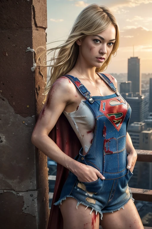 Yvonne Strahovski, 8k, best quality, real image, intricate details, ultra-detailed, ultra highres, depth field, (photorealistic, realistic: 1.2), masterpiece, photo of 1girl, supergirl, wounded, superhero, lying, back, realistic, torn overalls, (dirty, bruised,blood: 1.3), blue eyes, blonde hair, lips, long hair, solo, (revealing torn clothes, torn clothes: 1.3), ruined city background, best quality, realistic,  photorealistic, (intricate details: 1.2), (delicate detailed), (cinematic light), clear line, sharp focus, realistic face, detailed and beautiful face