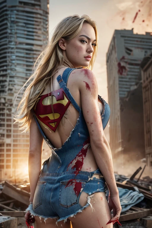 Yvonne Strahovski, 8k, best quality, real image, intricate details, ultra-detailed, ultra highres, depth field, (photorealistic, realistic: 1.2), masterpiece, photo of 1girl, supergirl, wounded, superhero, lying, back, realistic, torn overalls, (dirty, bruised,blood: 1.3), blue eyes, blonde hair, lips, long hair, solo, (revealing torn clothes, torn clothes: 1.3), ruined city background, best quality, realistic,  photorealistic, (intricate details: 1.2), (delicate detailed), (cinematic light), clear line, sharp focus, realistic face, detailed and beautiful face