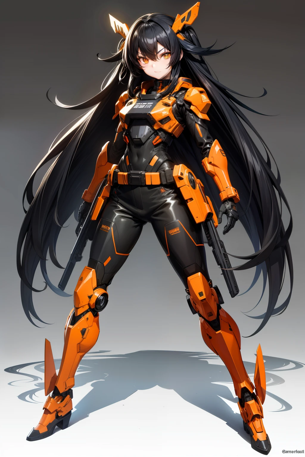 cute girl, Her hair is black, her eyes are black, and she wears orange combat gear, full body