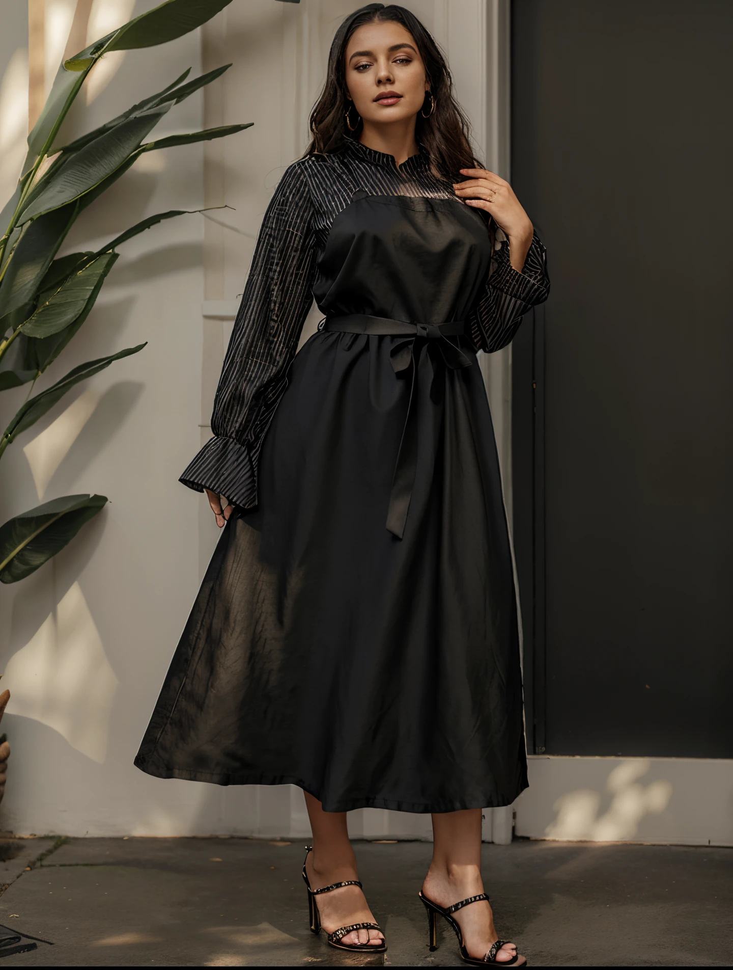 a woman in a black dress and heels standing in front of a plant, long dress with apron, frock, black dress with belt, modest flowing gown, peasant dress, multilayered outfit, modestly dressed, sophisticated dress, detached sleeves, she is wearing a black dress, dressed with long fluent clothes, black, elegant dress, long dress, stylish dress